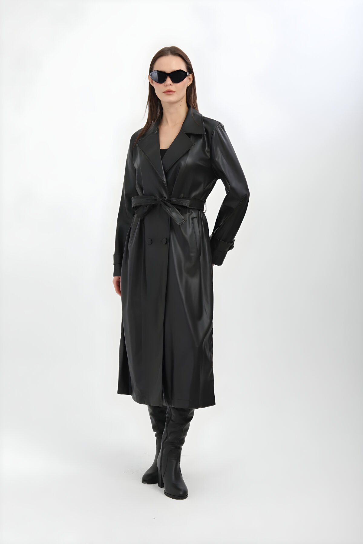 Belted Leather Trench Coat - Black - Milamia
