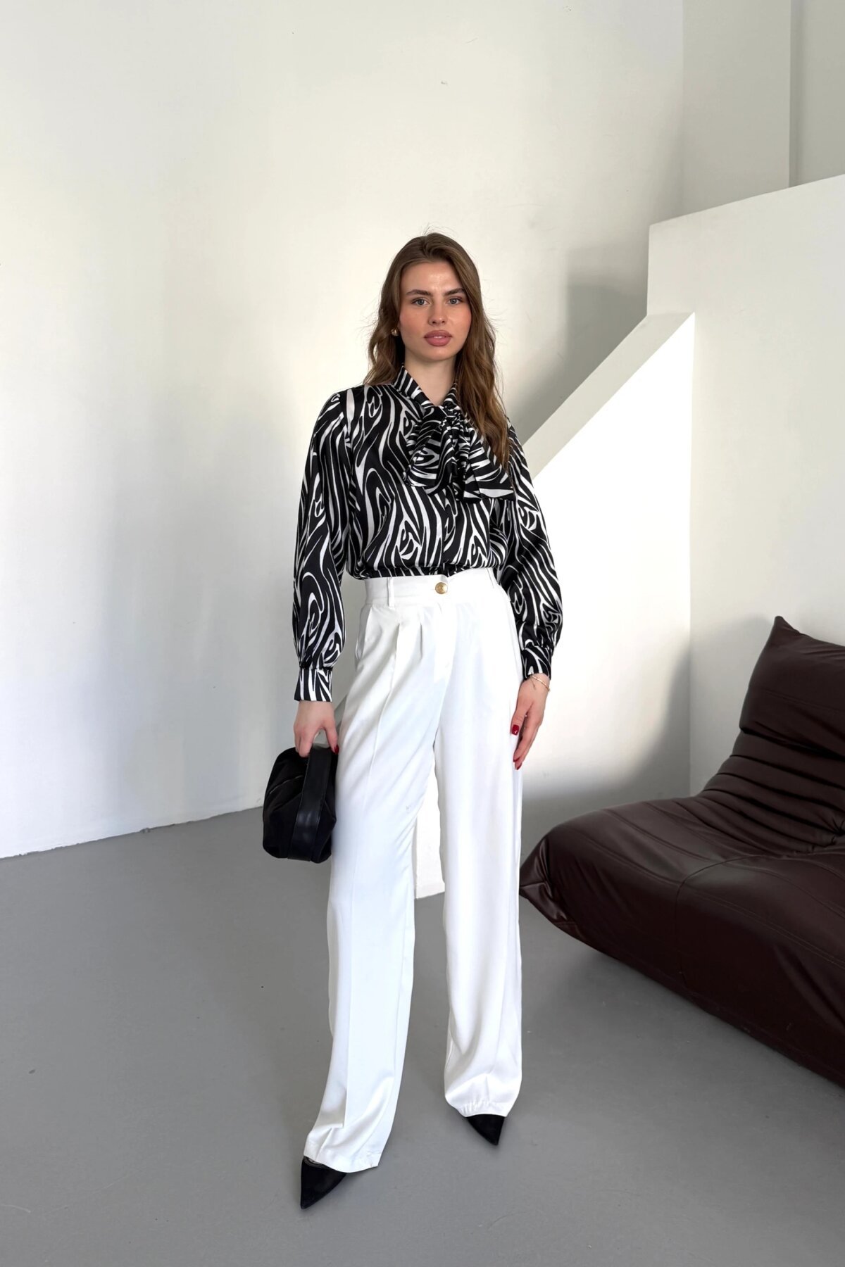 Digital Print Satin Bow Shirt - Black - Milamia