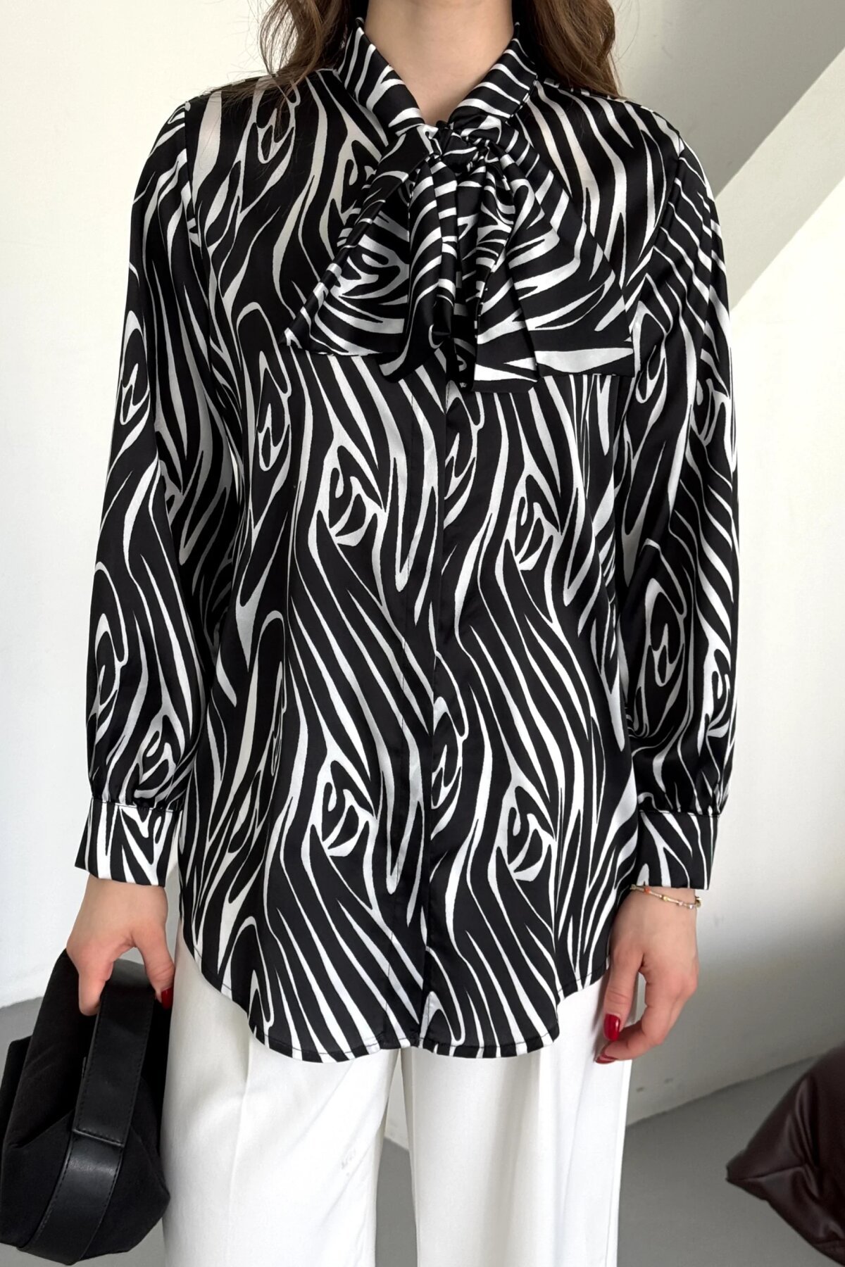 Digital Print Satin Bow Shirt - Black - Milamia