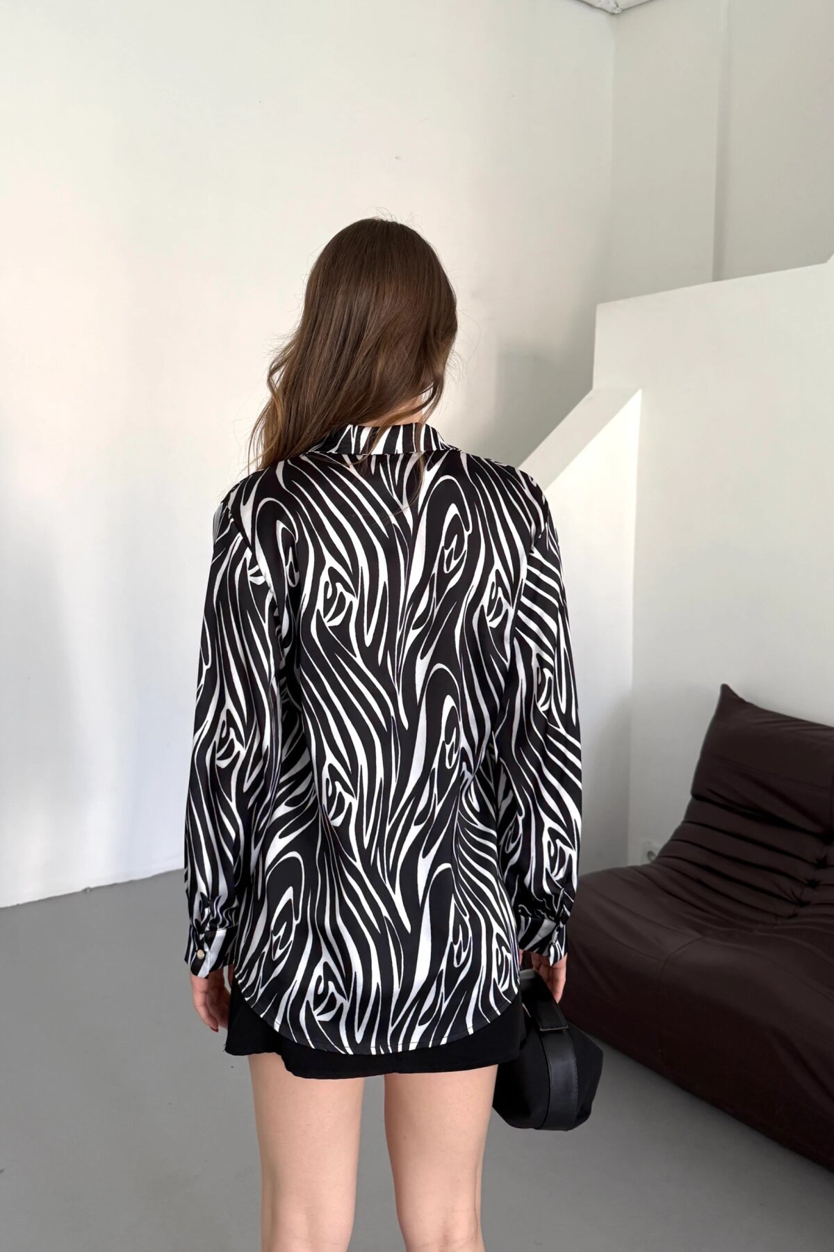 Digital Print Satin Bow Shirt - Black - Milamia