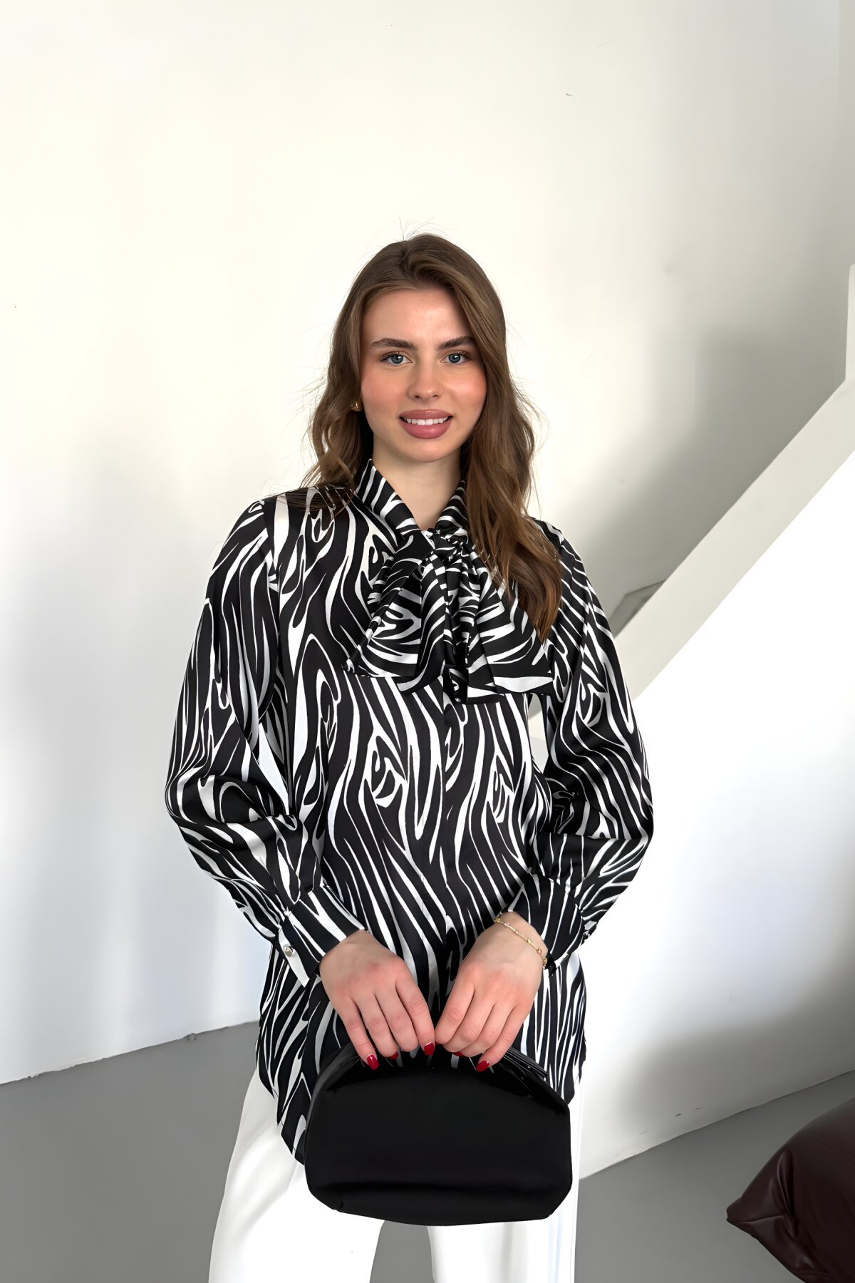 Digital Print Satin Bow Shirt - Black - Milamia