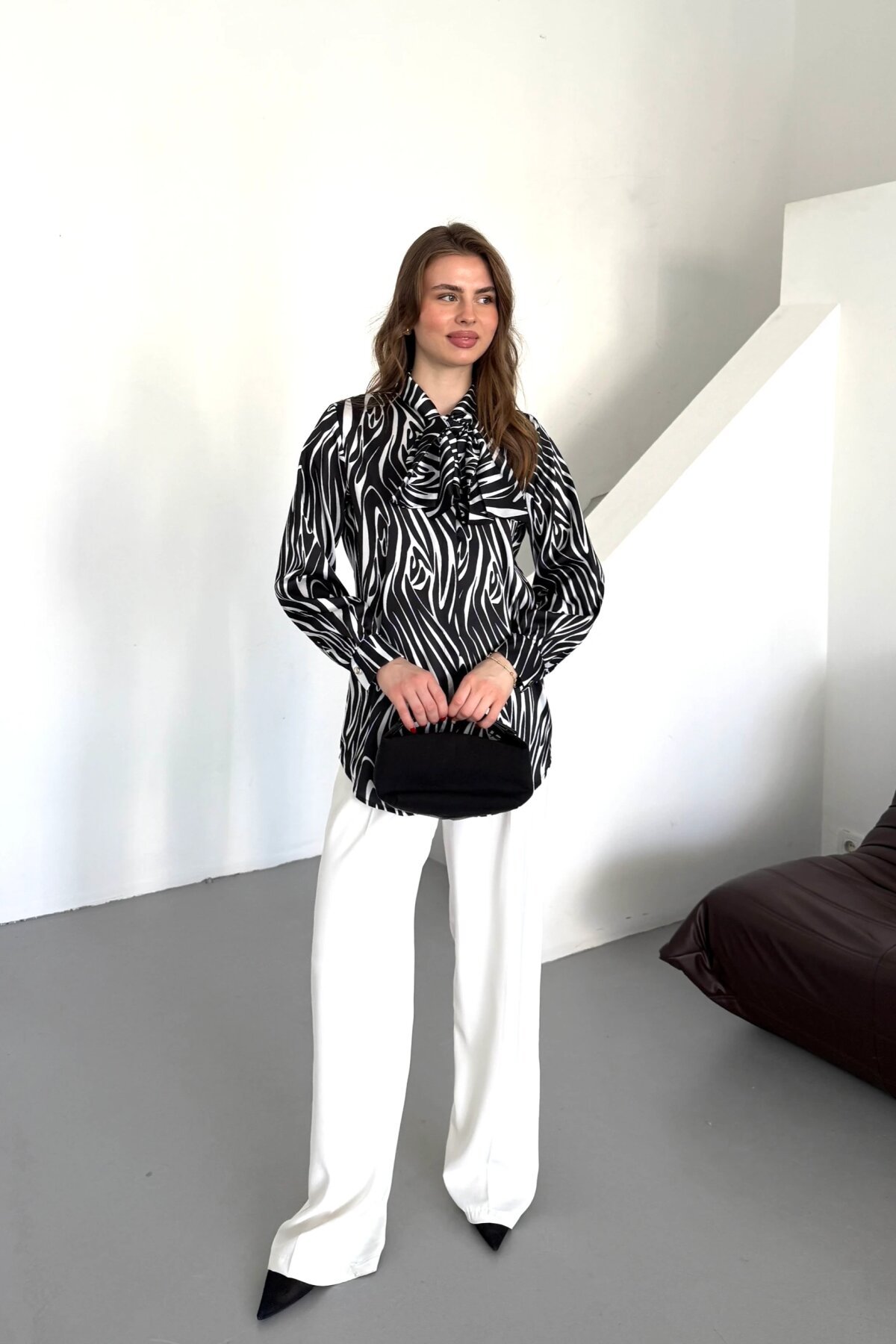 Digital Print Satin Bow Shirt - Black - Milamia