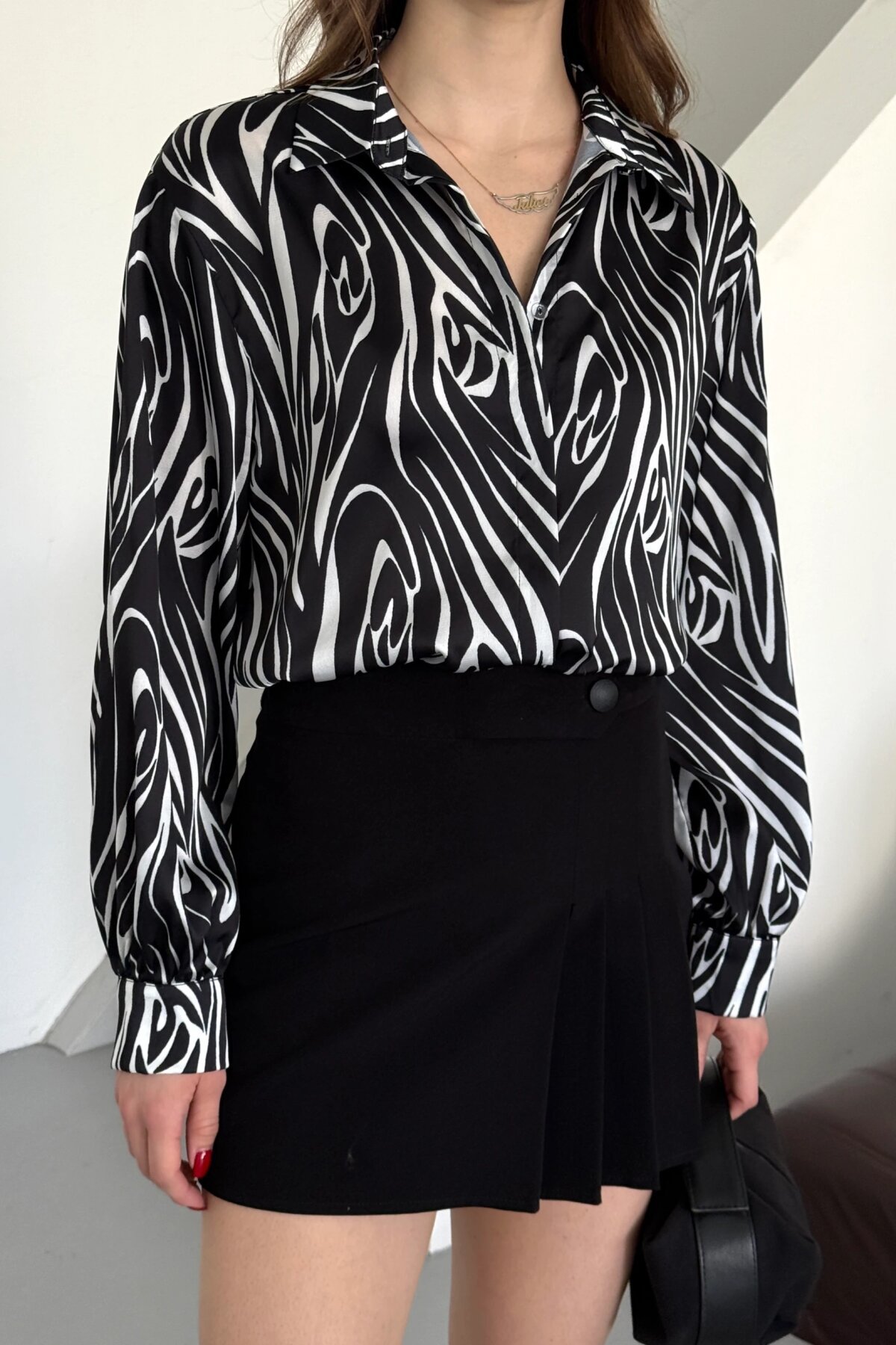 Digital Print Satin Shirt - Black - Milamia