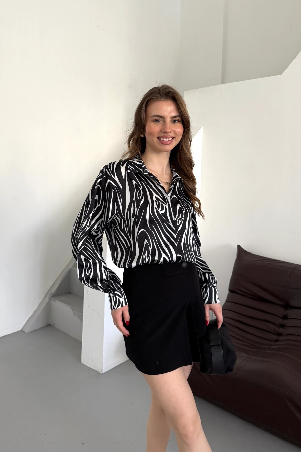 Digital Print Satin Shirt - Black - Milamia