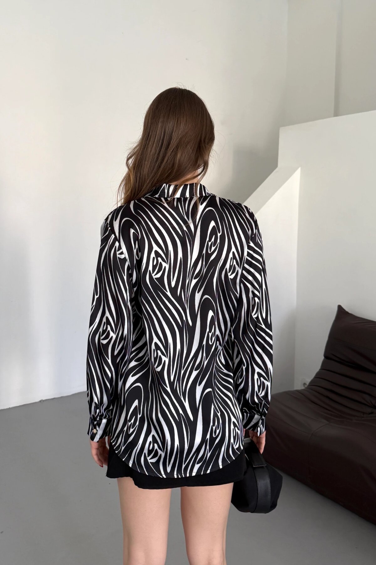 Digital Print Satin Shirt - Black - Milamia