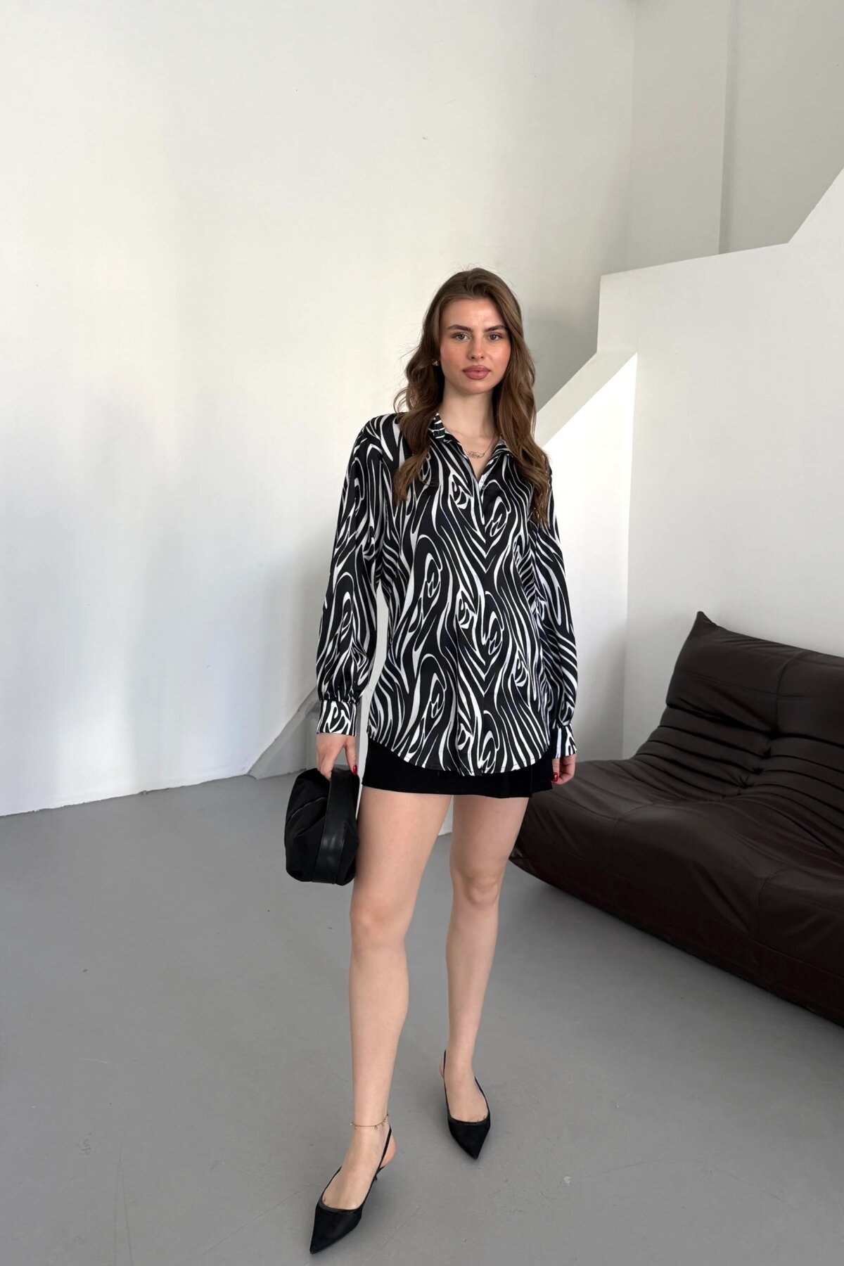 Digital Print Satin Shirt - Black - Milamia