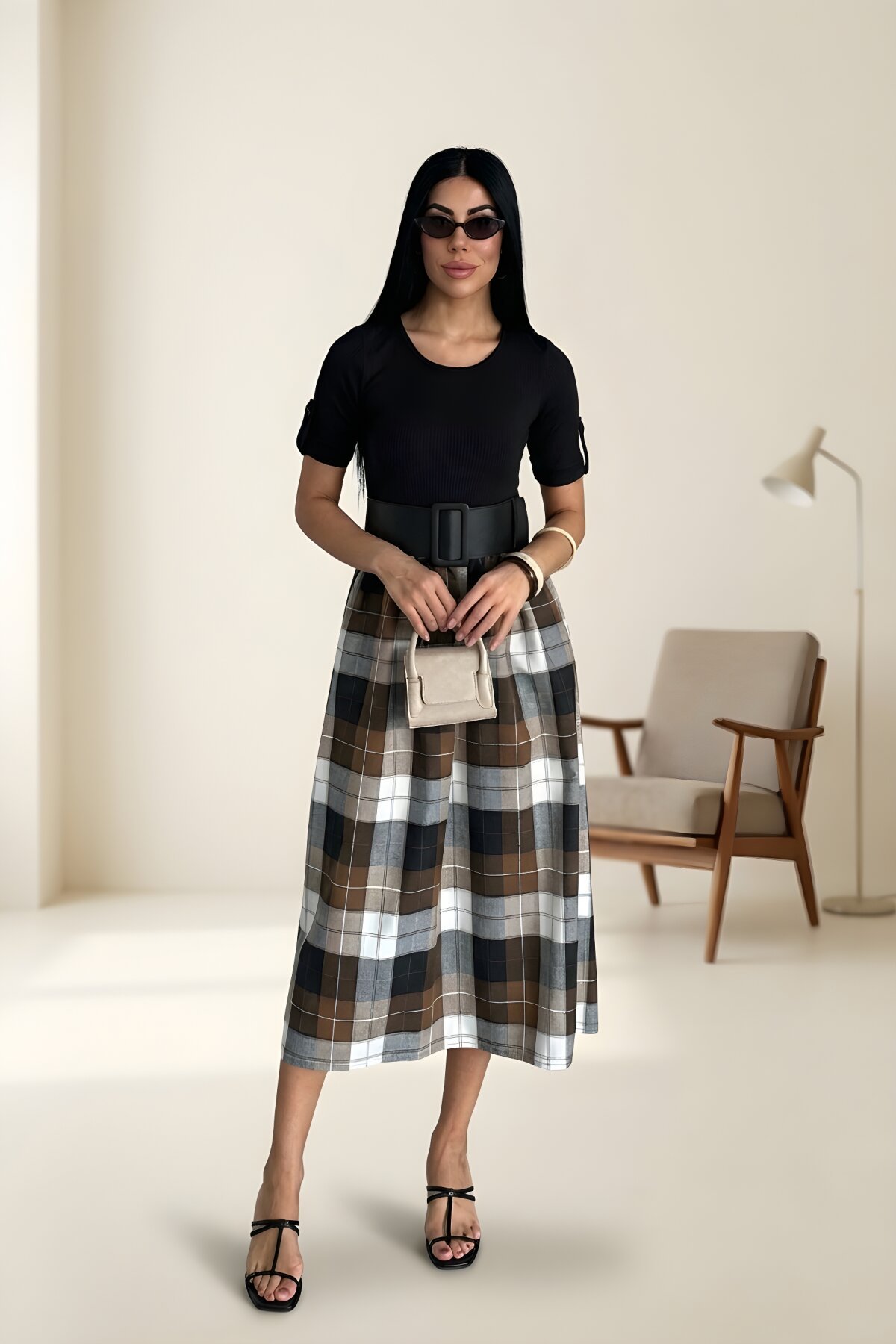 فستان ميدي أسود كاروهات بحزام - Milamia