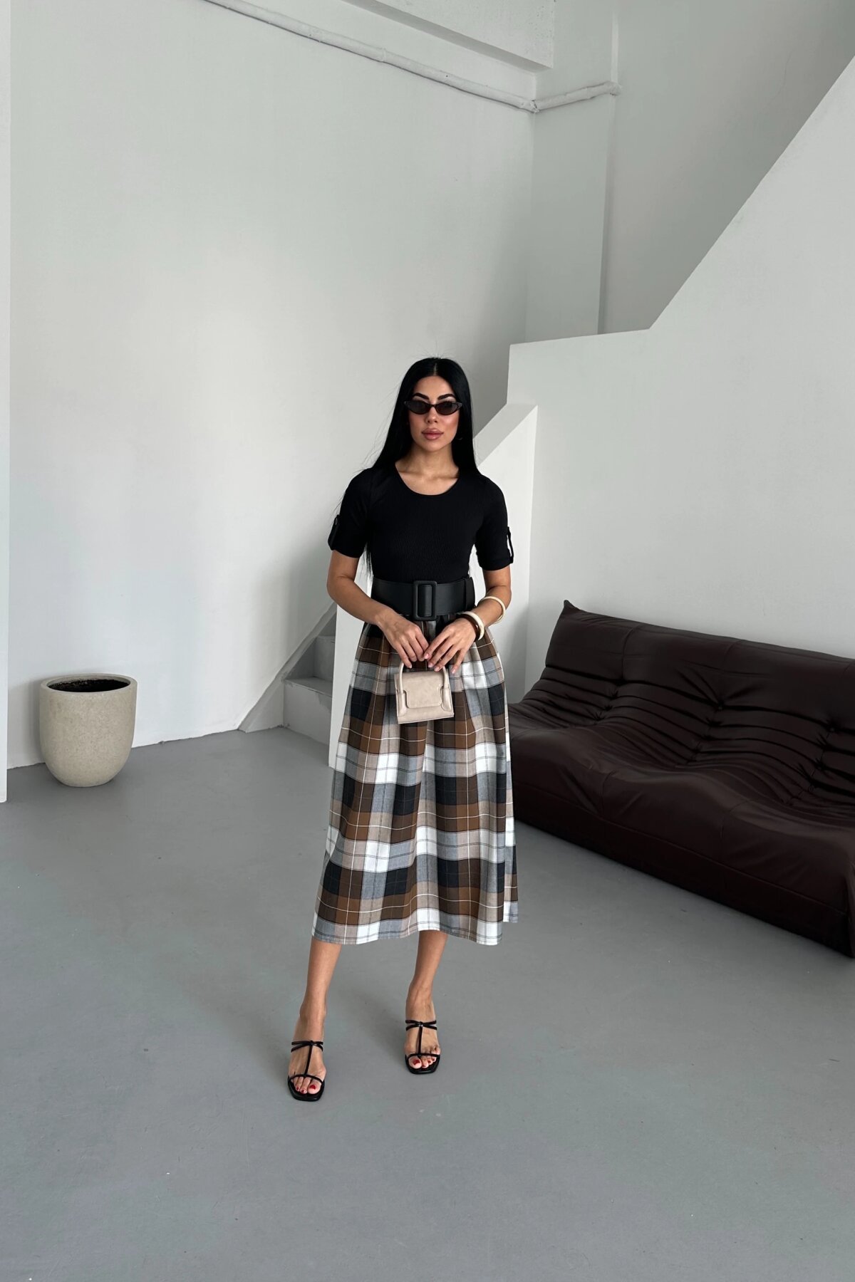 Midi Plaid Belted Dress - Black - Milamia