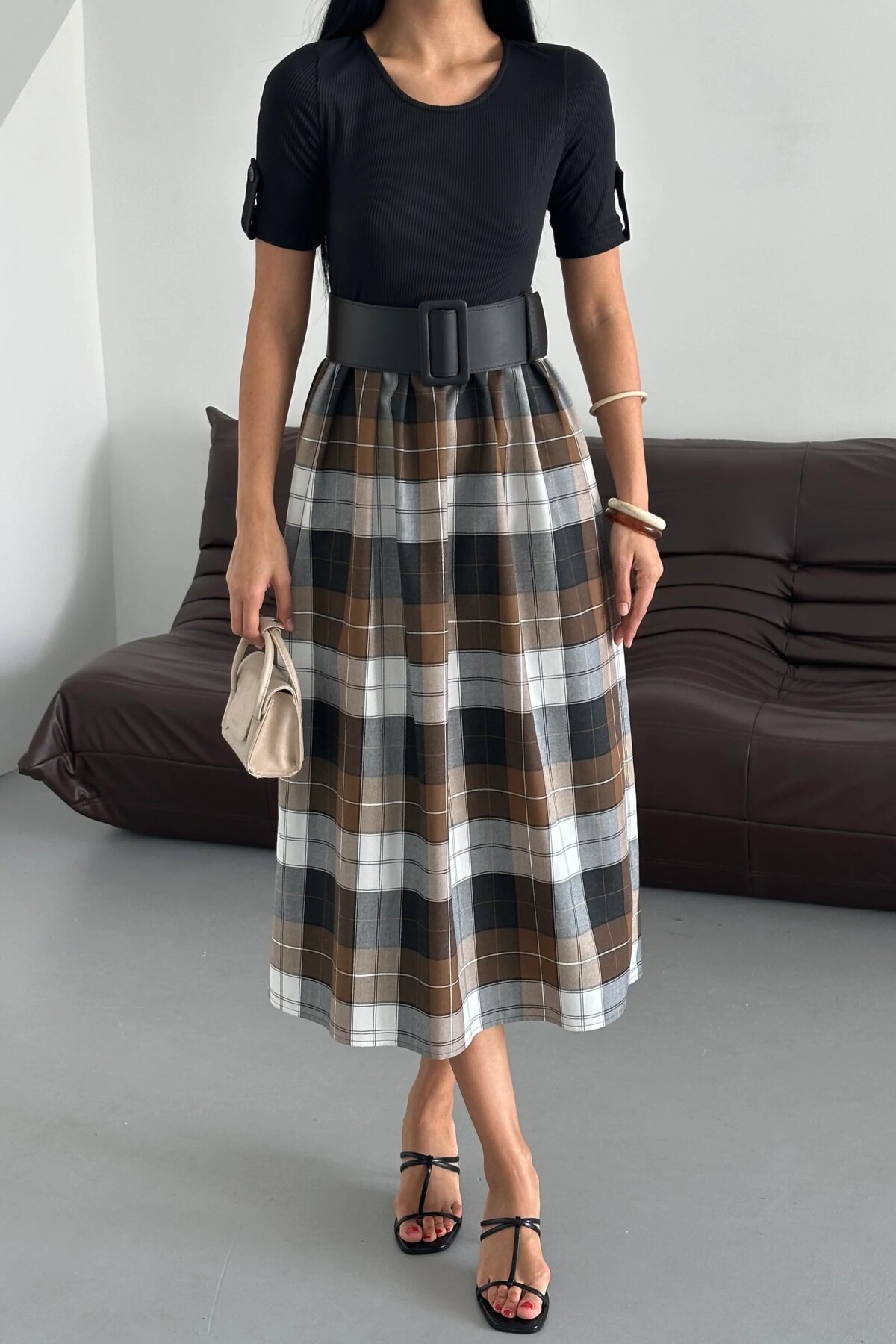 Midi Plaid Belted Dress - Black - Milamia