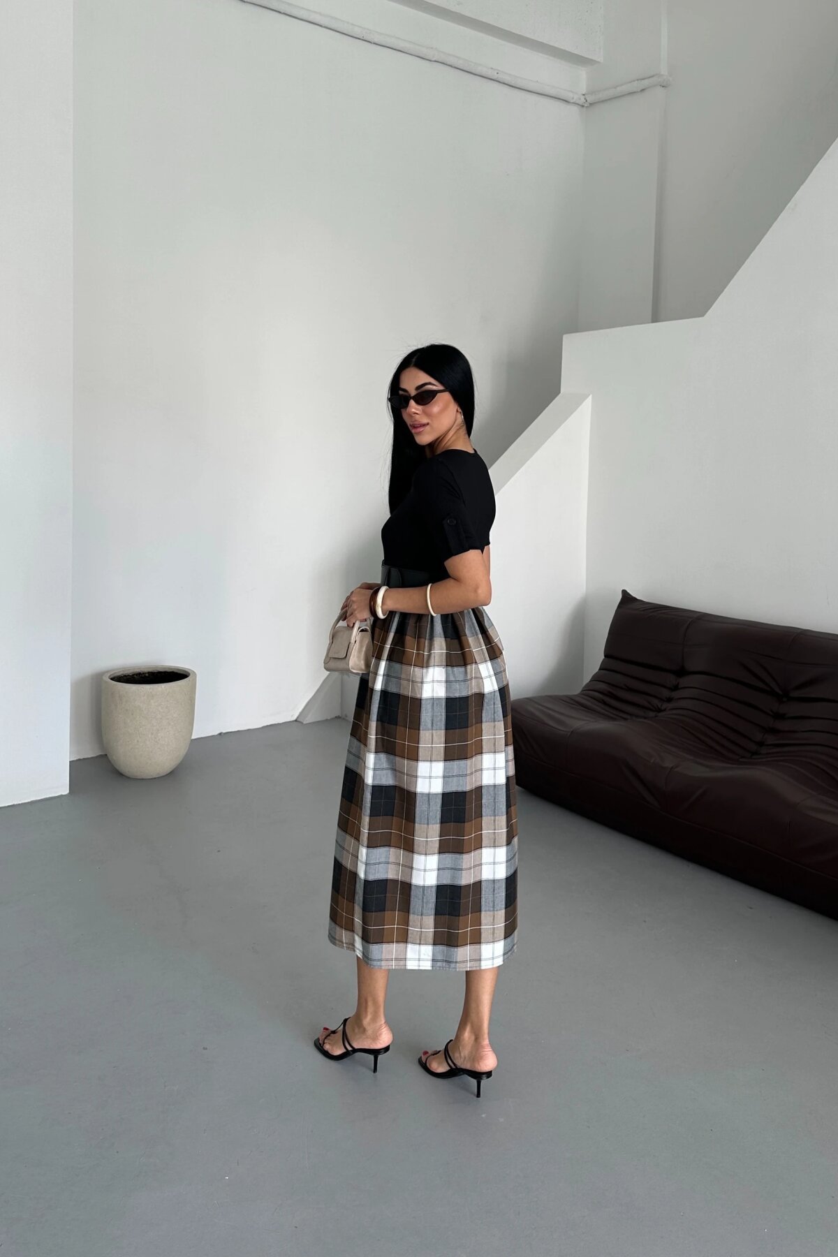 Midi Plaid Belted Dress - Black - Milamia