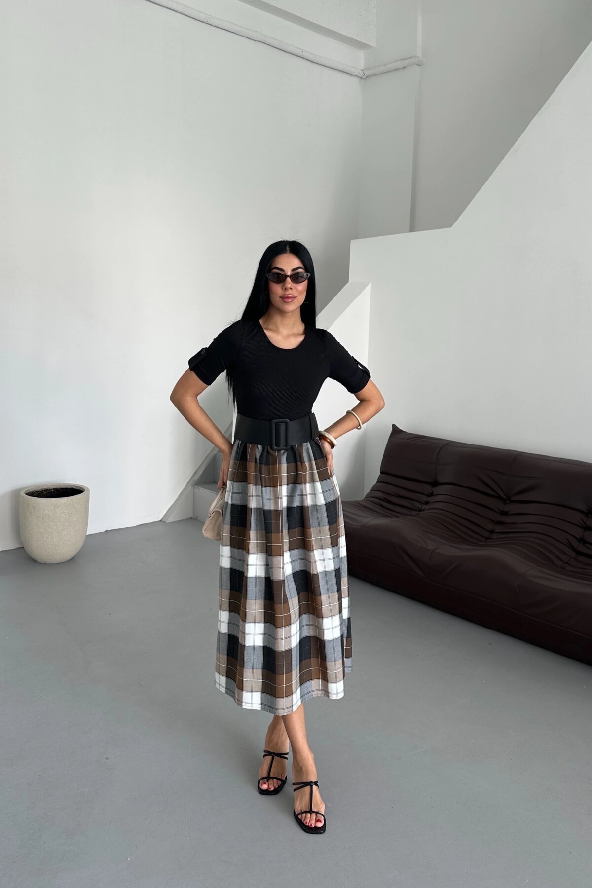 Midi Plaid Belted Dress - Black - Milamia