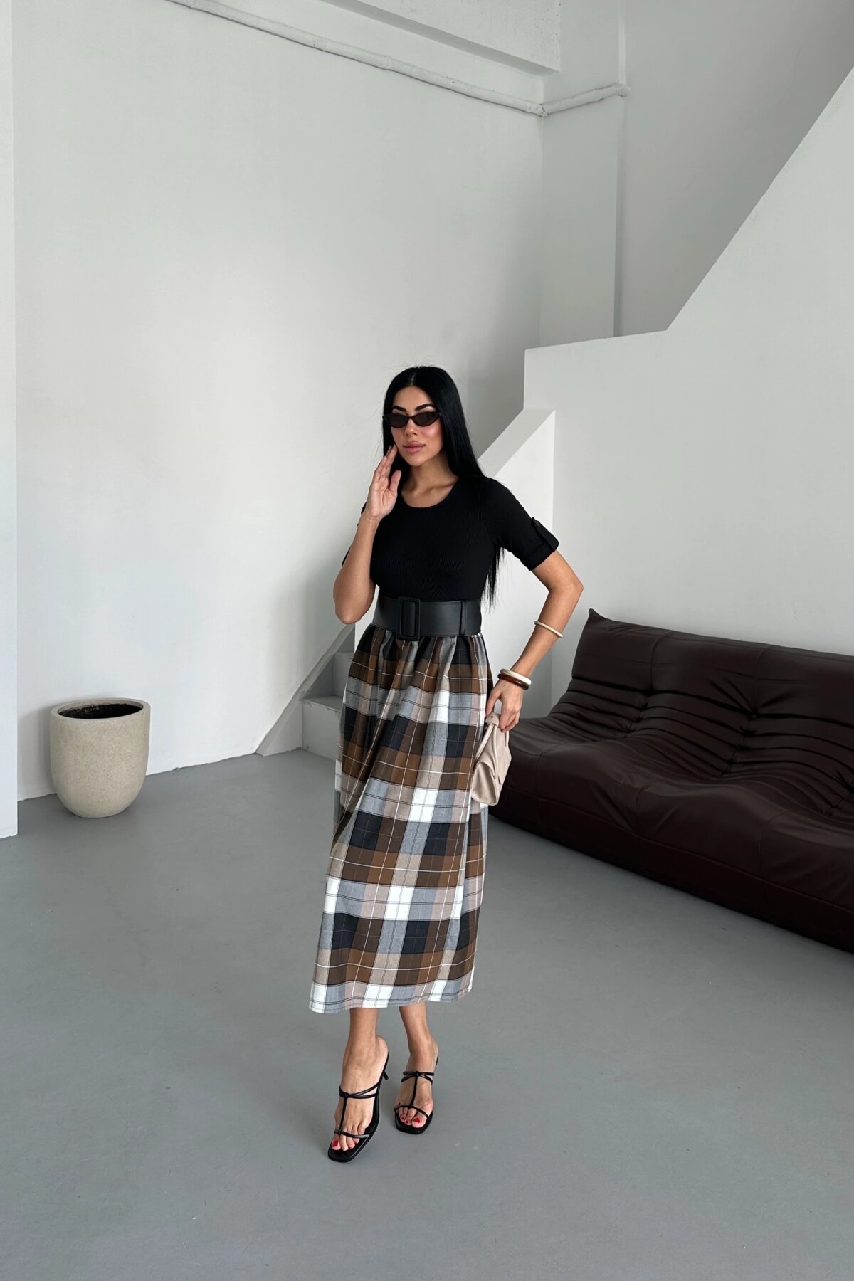 Midi Plaid Belted Dress - Black - Milamia