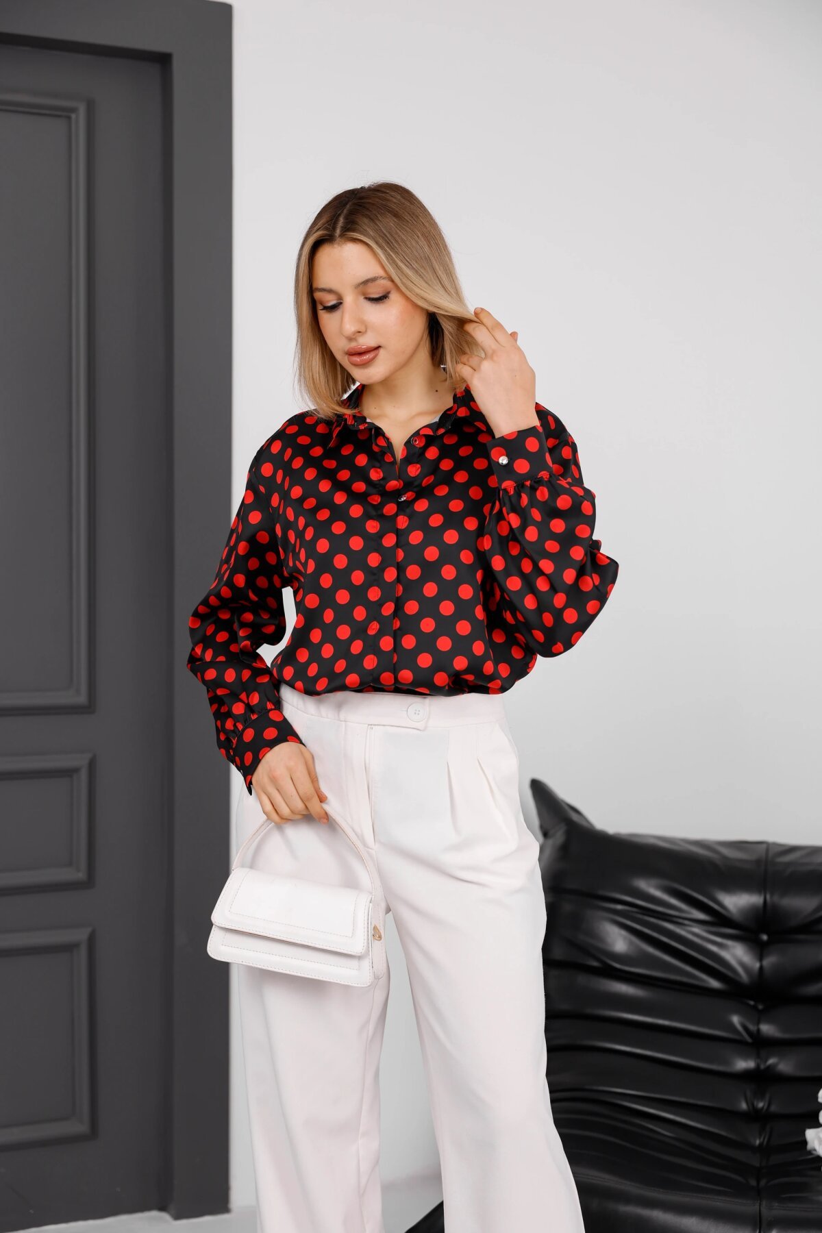Digital Print Satin Shirt - Black Red - Milamia