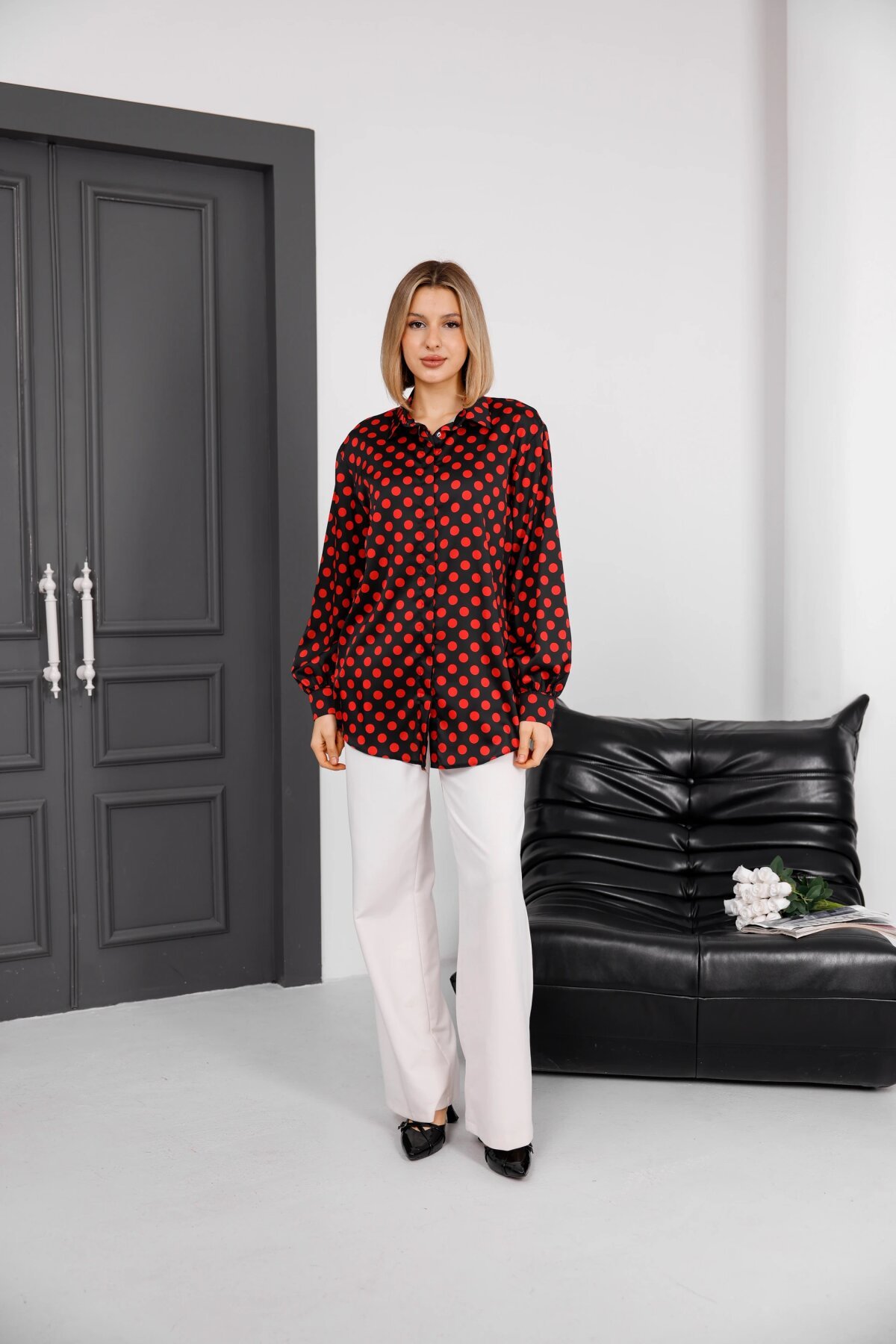Digital Print Satin Shirt - Black Red - Milamia