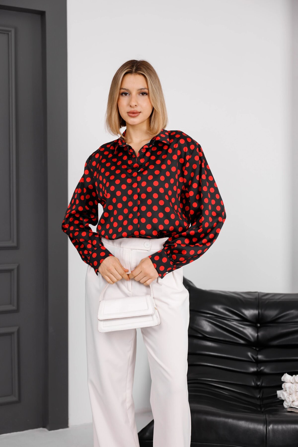 Digital Print Satin Shirt - Black Red - Milamia