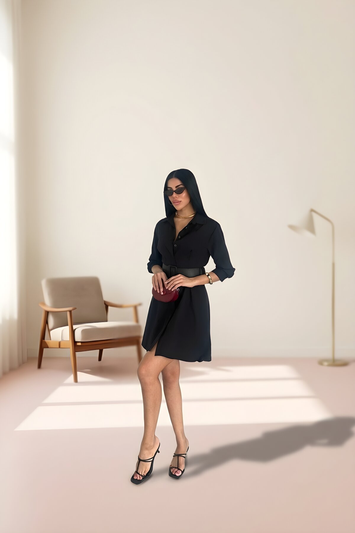 فستان ميدي أسود بنصف كم وحزام - Milamia