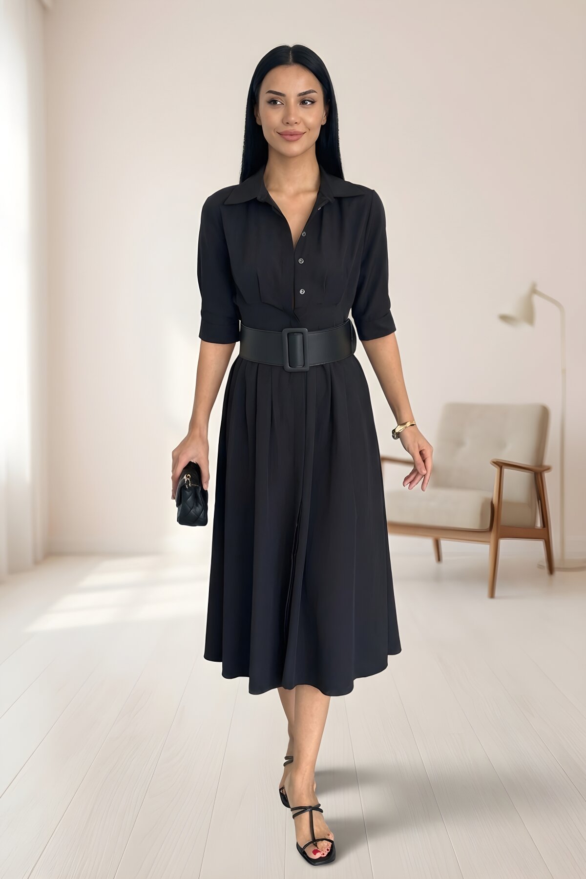 Midi Half-Sleeve Belted Lucy Dress - Black - Milamia