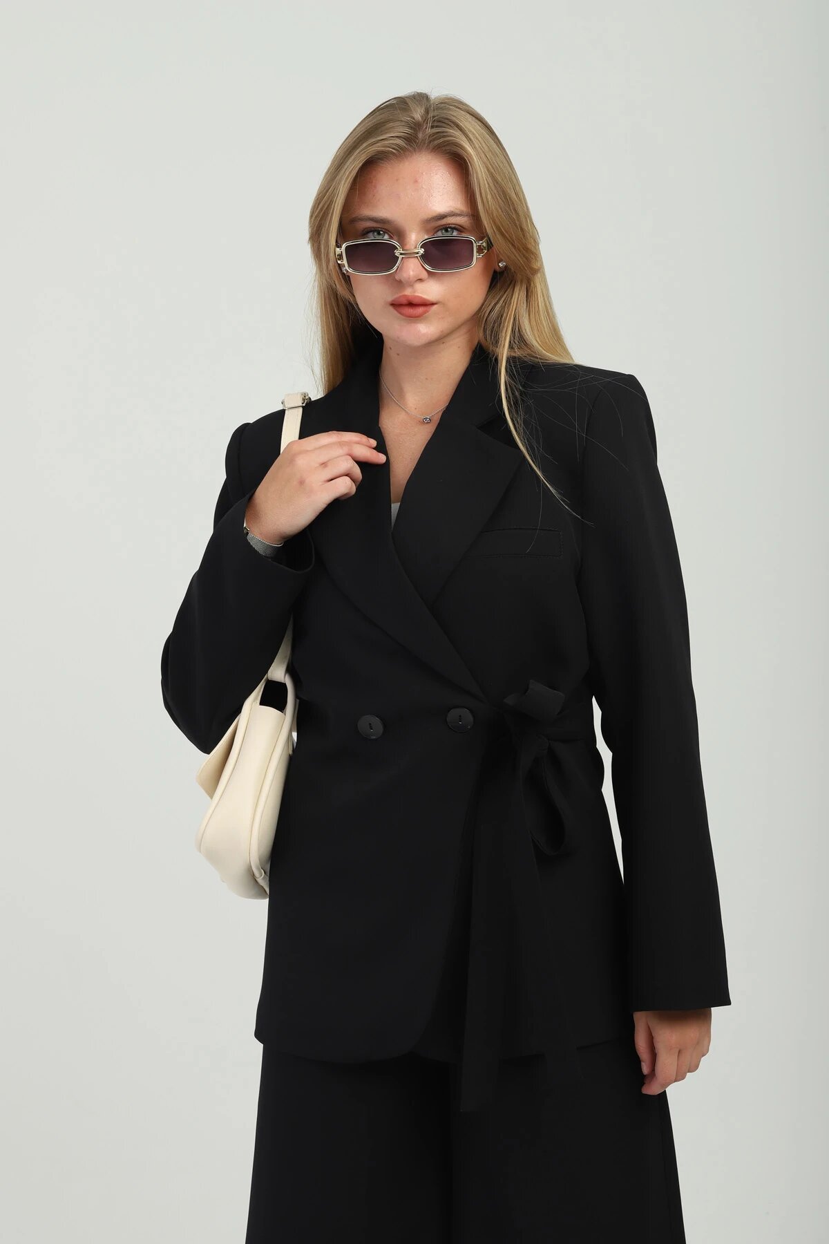 Oversize Double-Breasted Button Tie-Detail Jacket - Black - Milamia