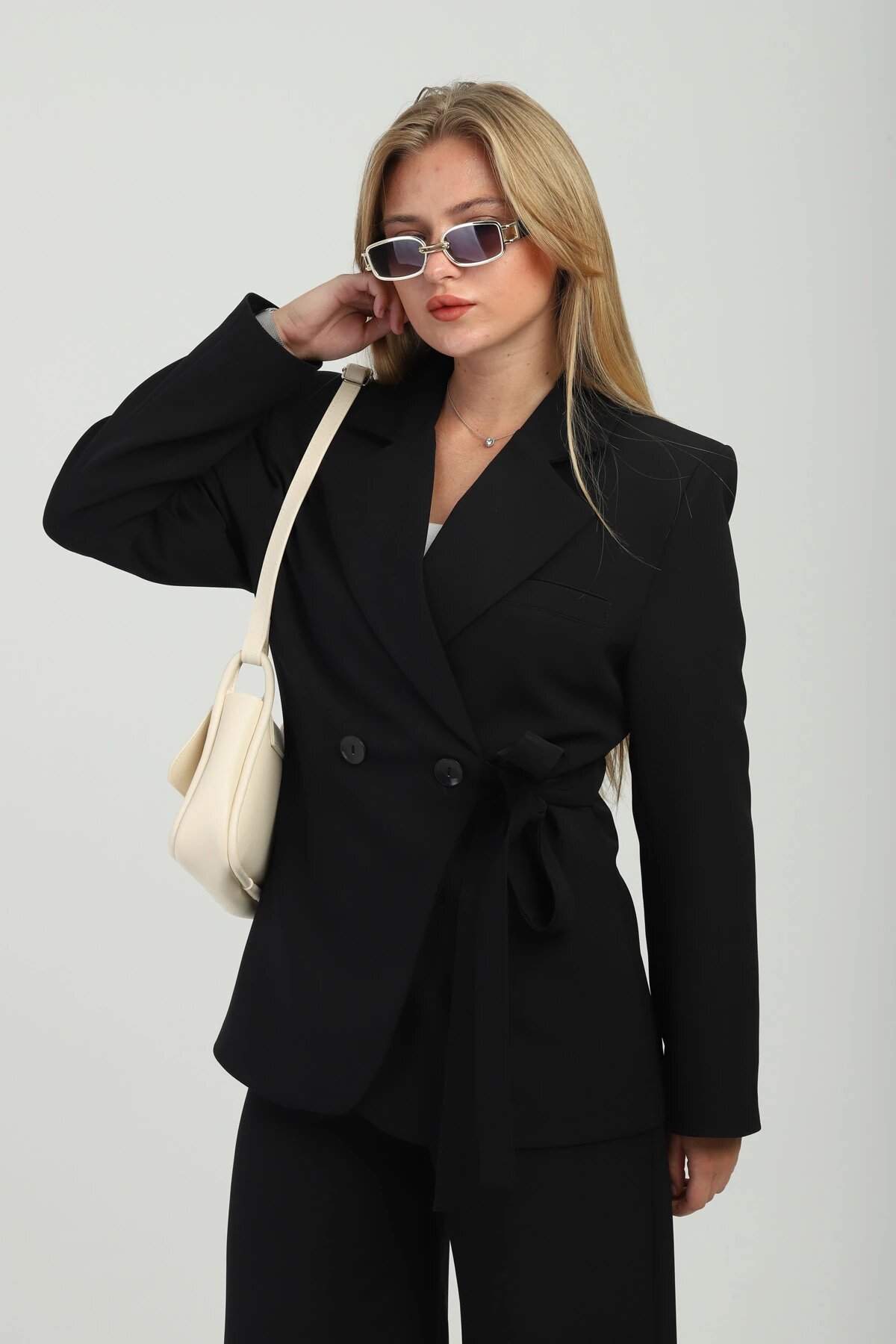 Oversize Double-Breasted Button Tie-Detail Jacket - Black - Milamia
