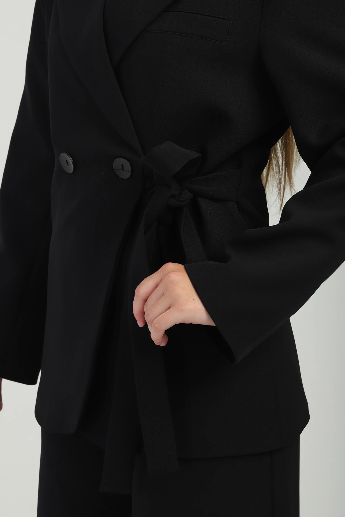 Oversize Double-Breasted Button Tie-Detail Jacket - Black - Milamia