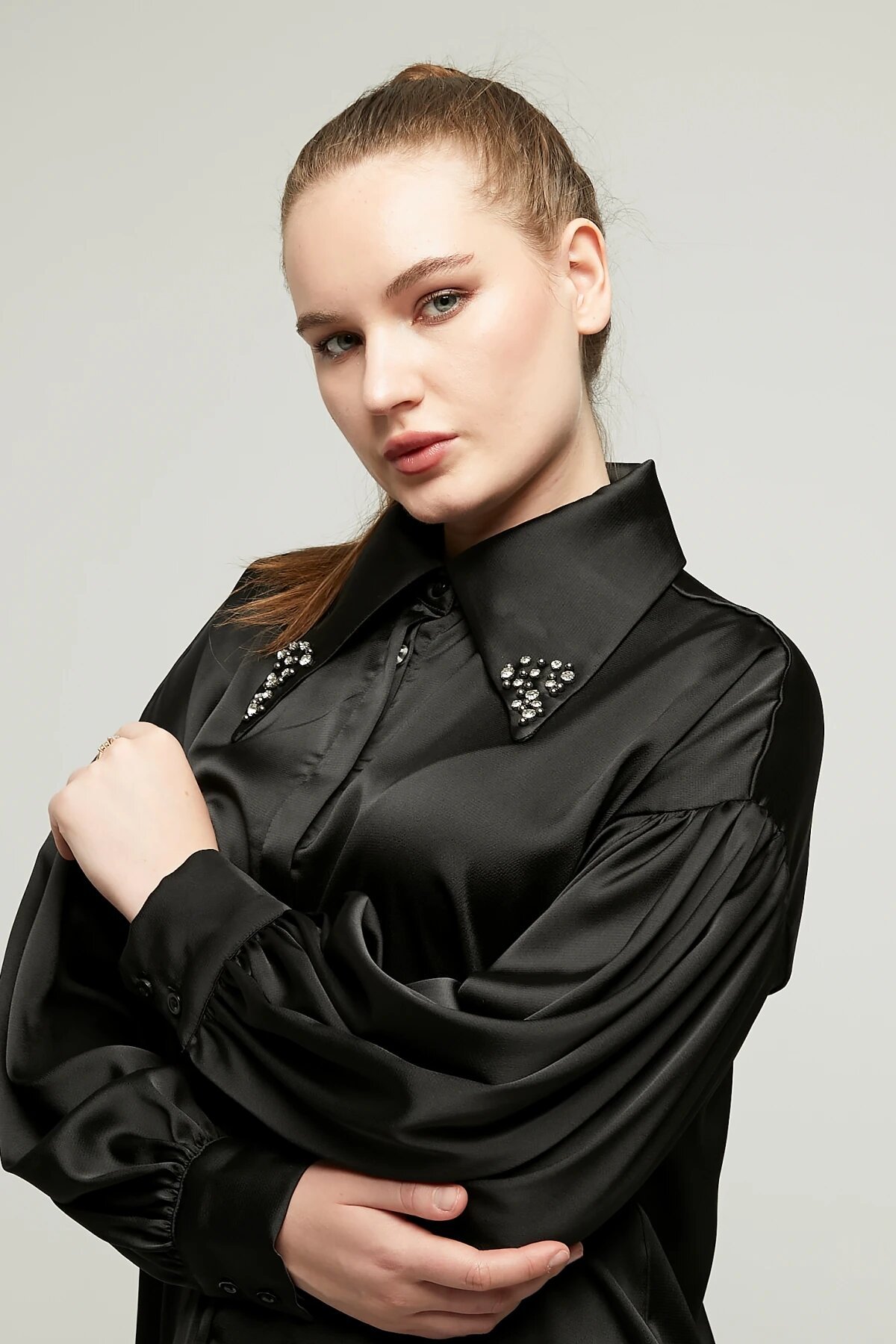 Satin Stone-Detailed Shirt - Black - Milamia