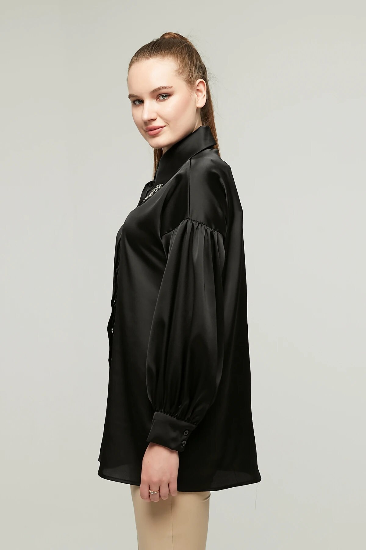 Satin Stone-Detailed Shirt - Black - Milamia