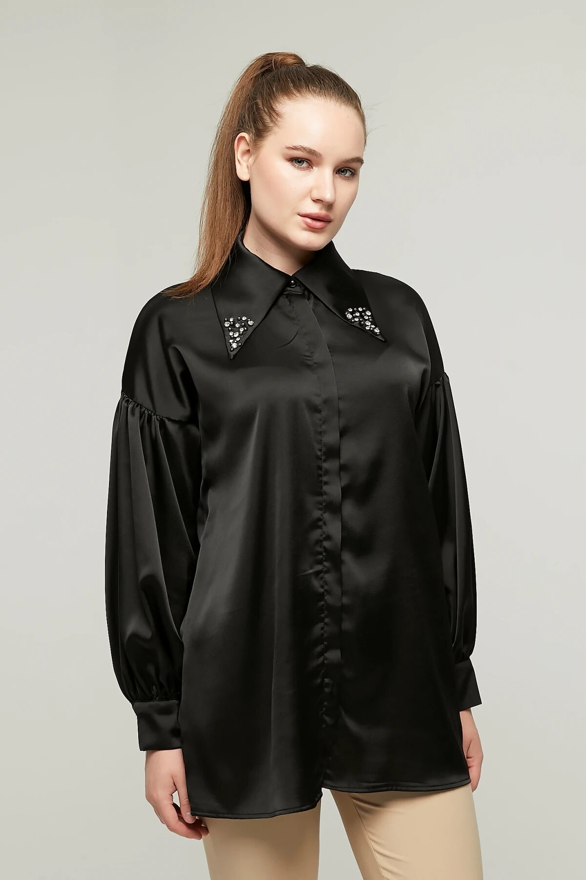 Satin Stone-Detailed Shirt - Black - Milamia