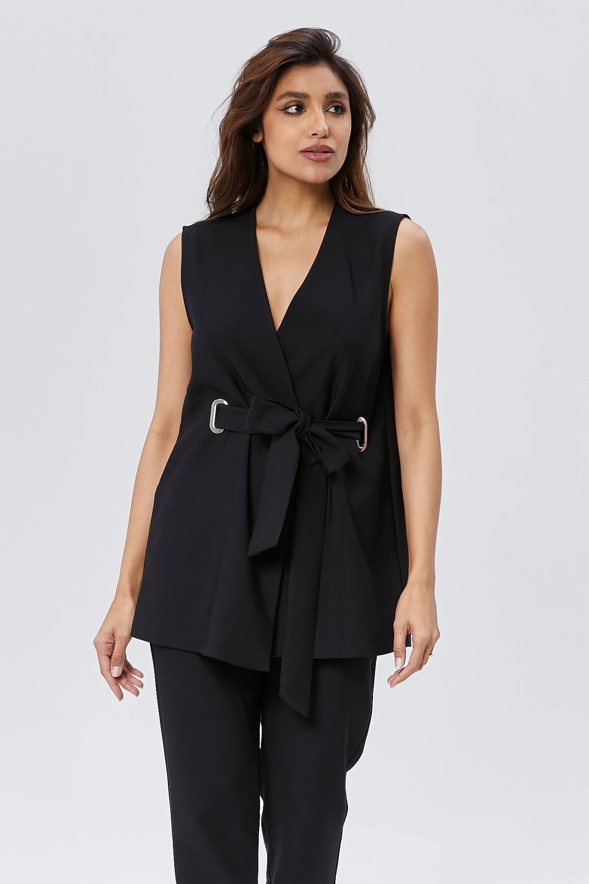 Buckle Belted Vest Trousers Set - Black - Milamia