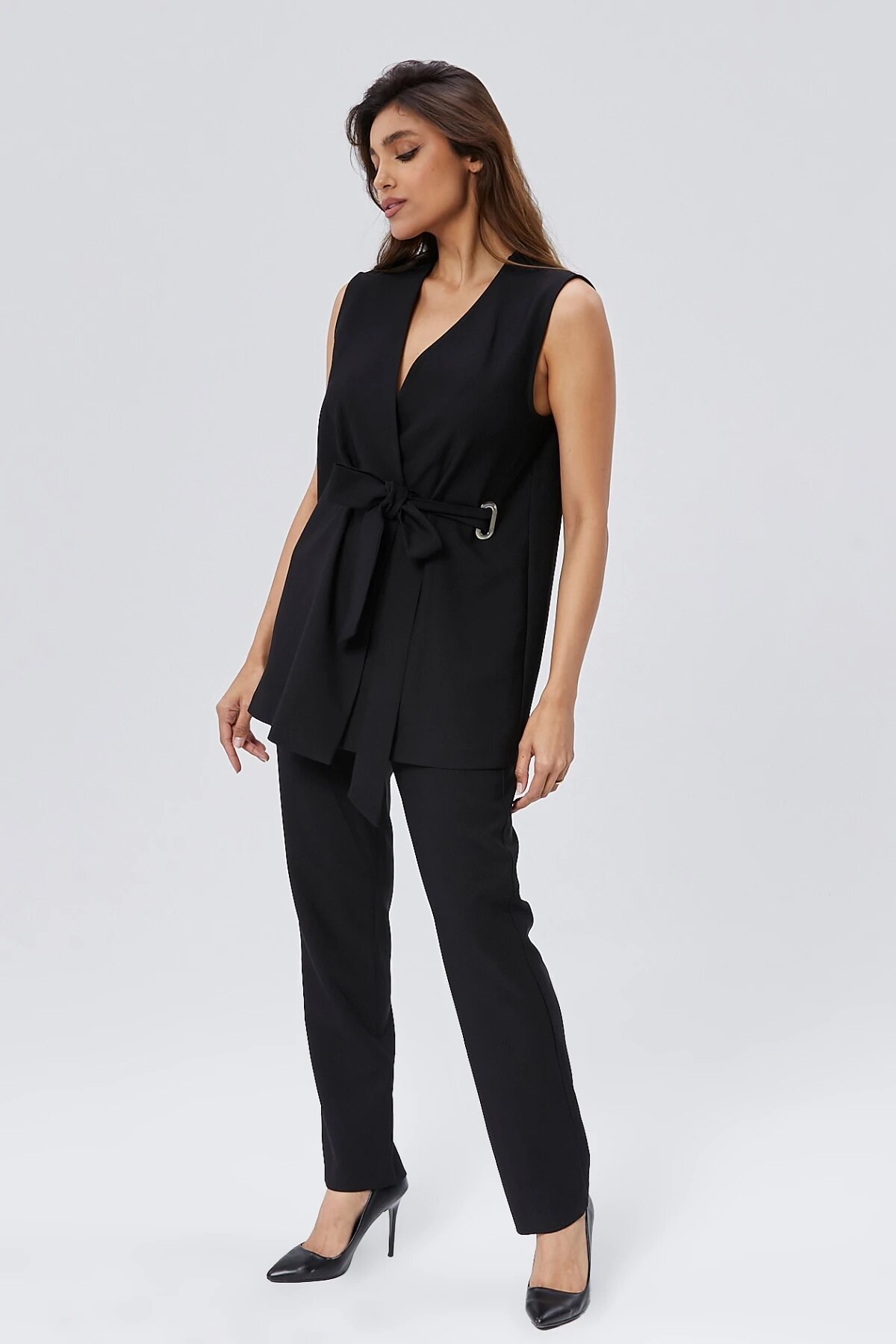 Buckle Belted Vest Trousers Set - Black - Milamia