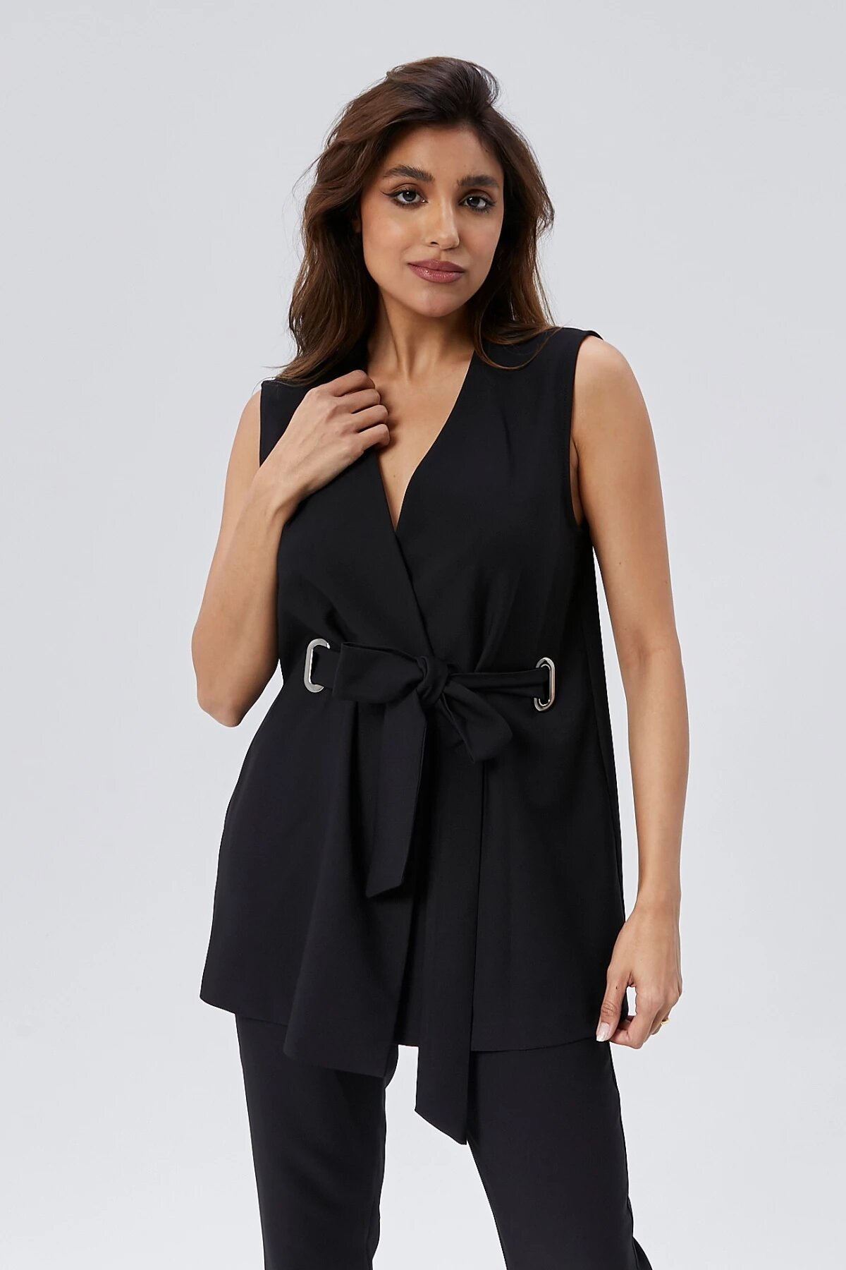 Buckle Belted Vest Trousers Set - Black - Milamia