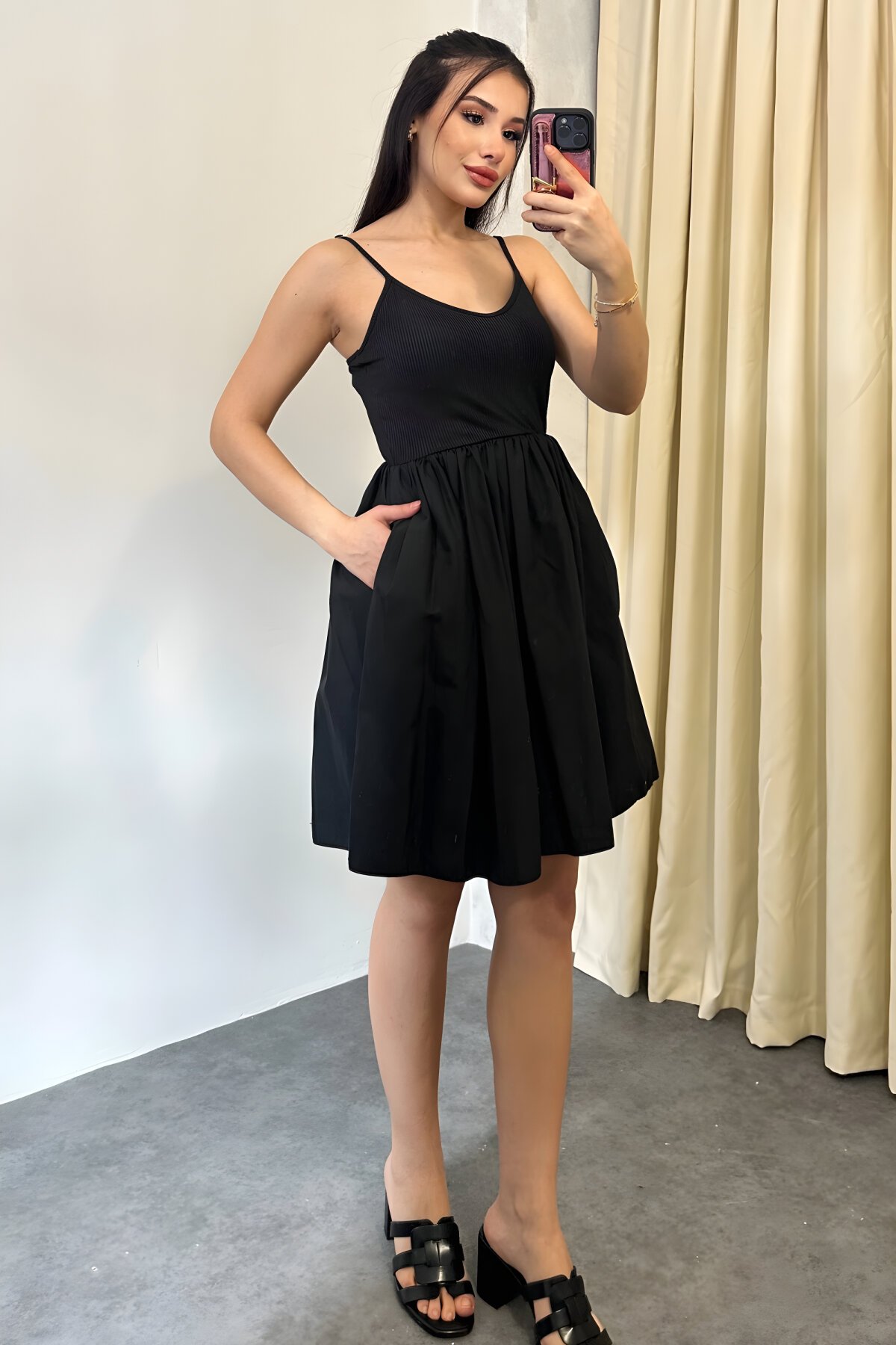 Midi Strappy Summer Dress with Necklace - Black - Milamia