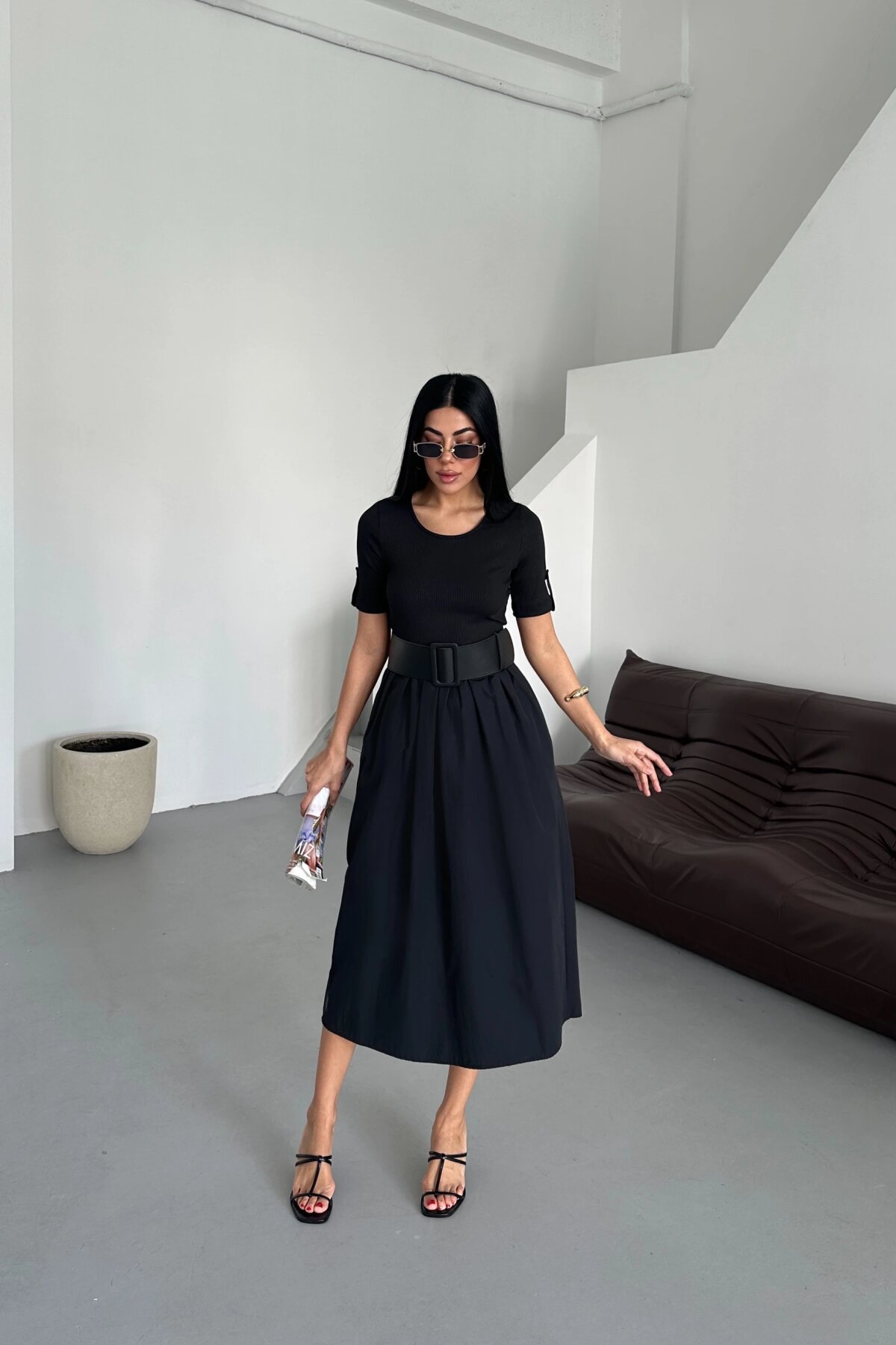 Midi Summer Ribbed Belted Dress - Black - Milamia