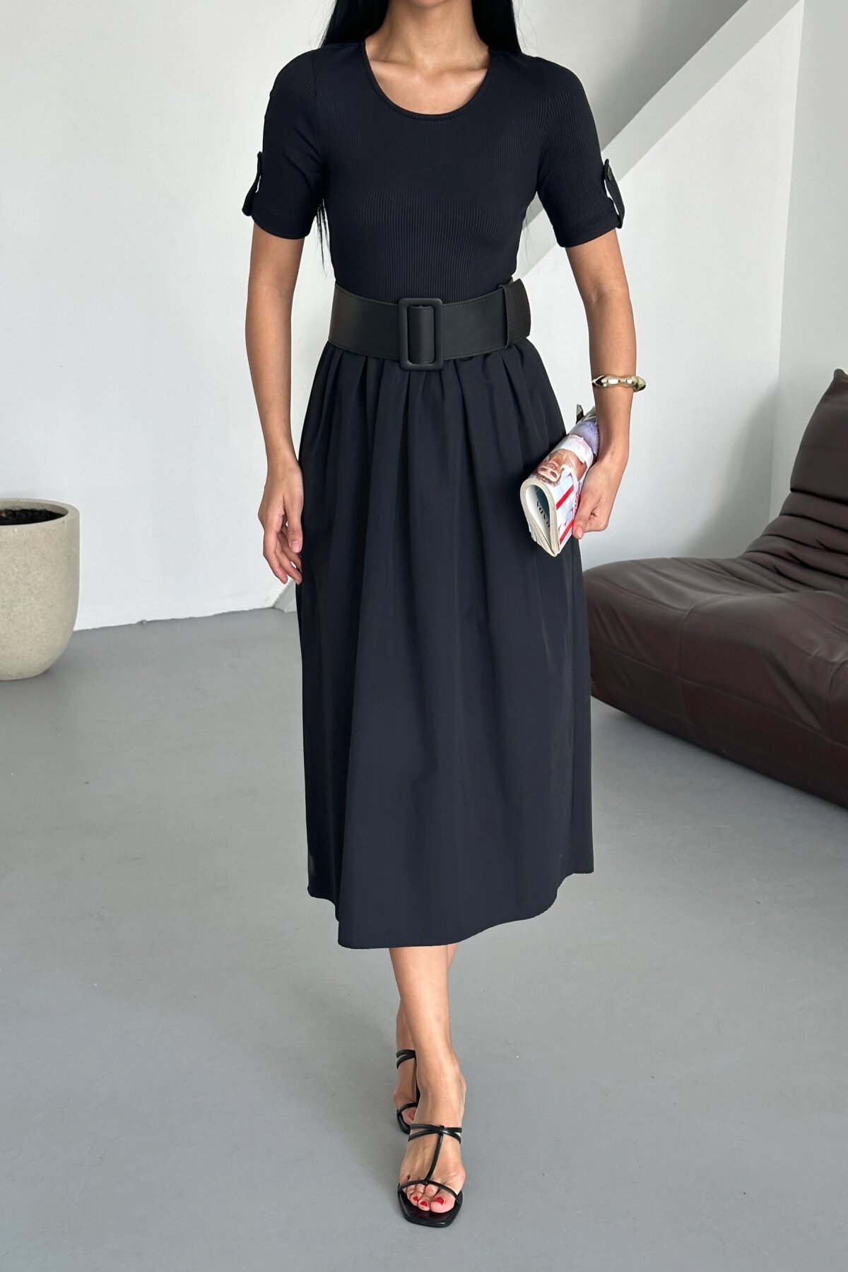 Midi Summer Ribbed Belted Dress - Black - Milamia