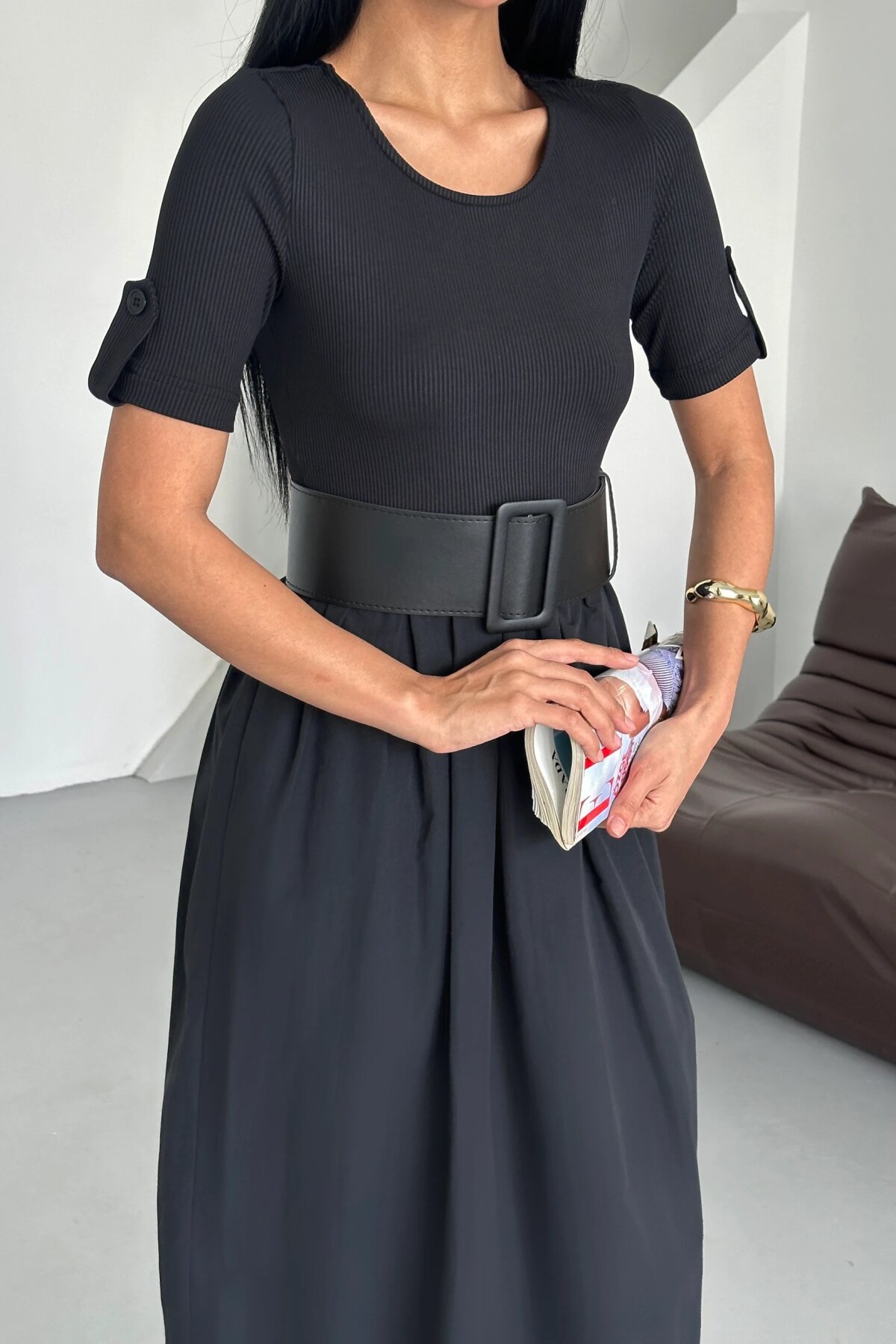 Midi Summer Ribbed Belted Dress - Black - Milamia