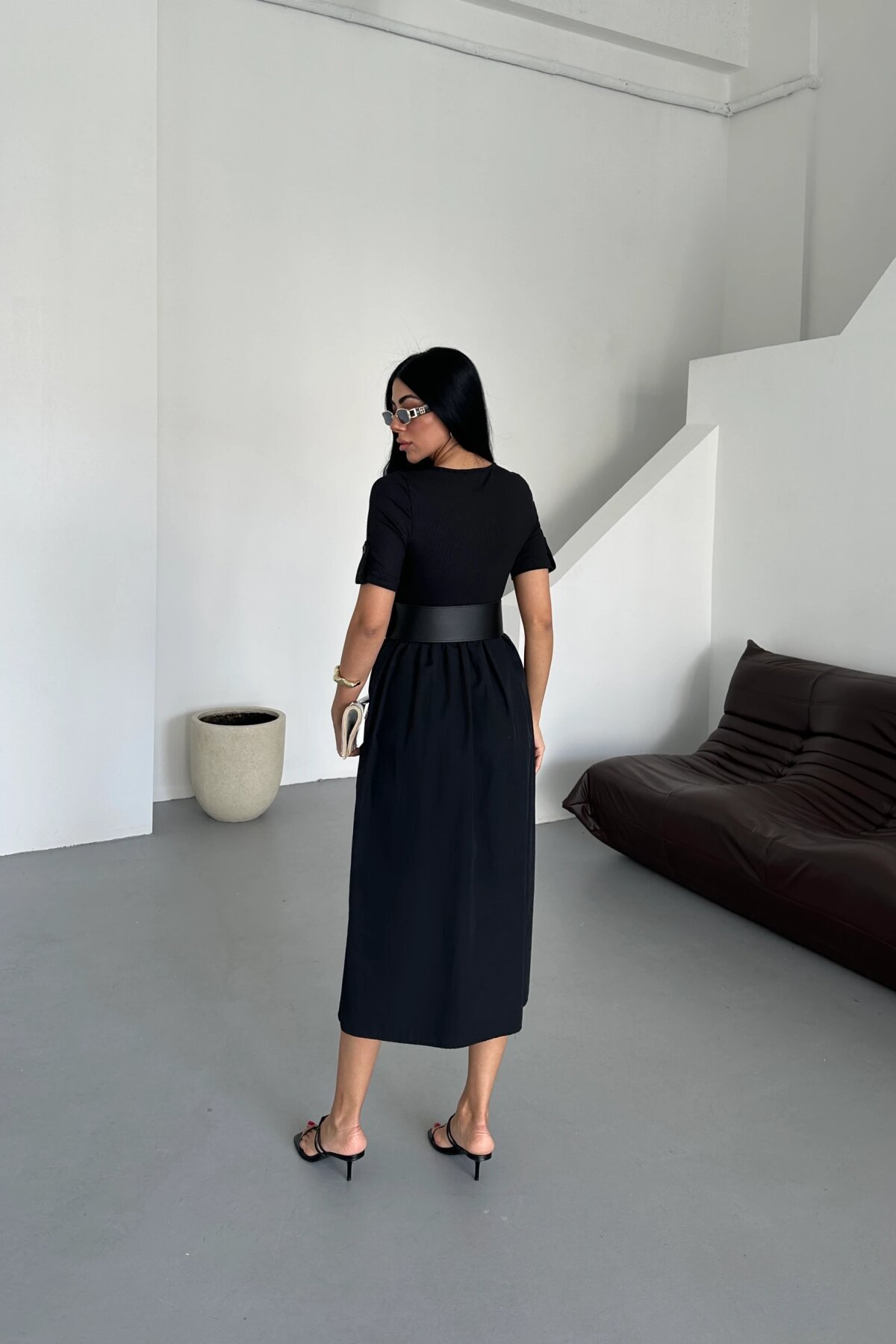 Midi Summer Ribbed Belted Dress - Black - Milamia