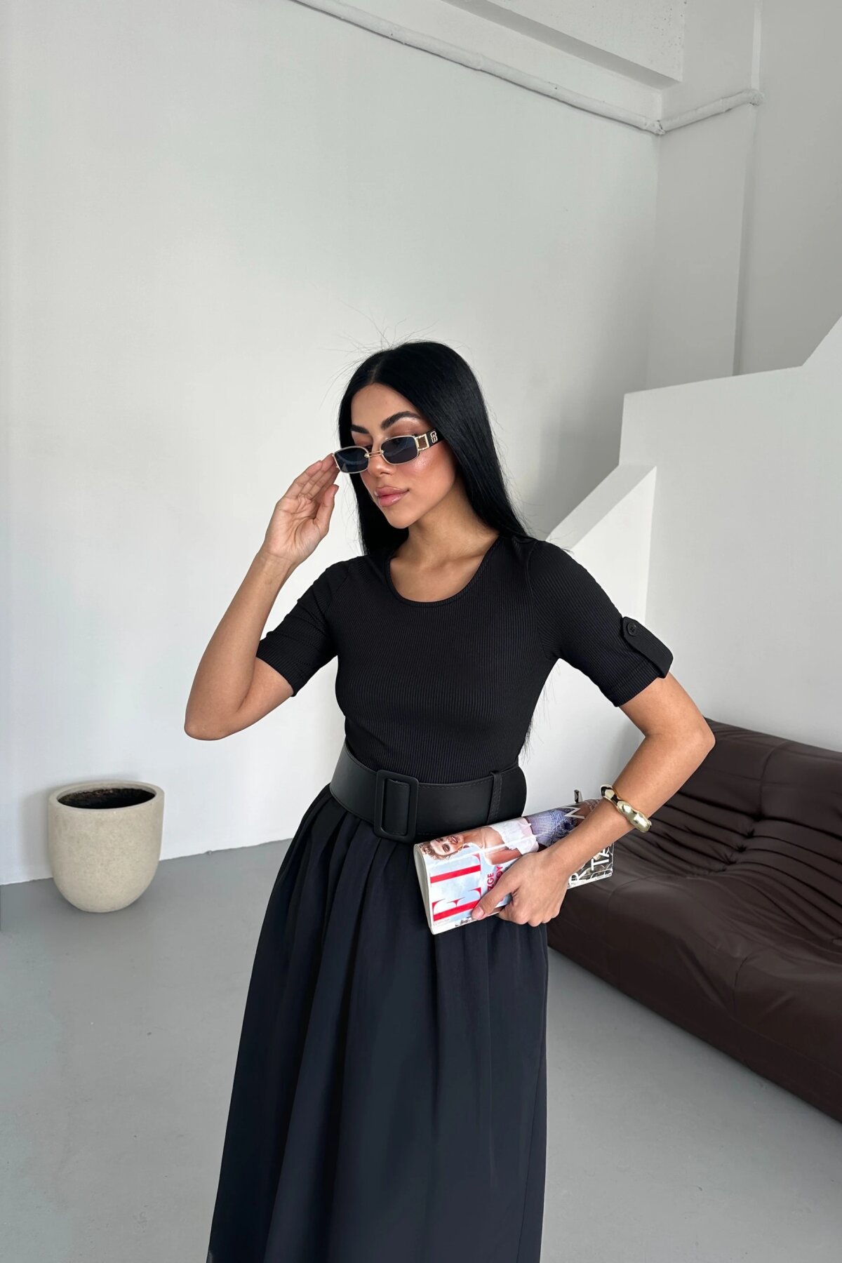 Midi Summer Ribbed Belted Dress - Black - Milamia