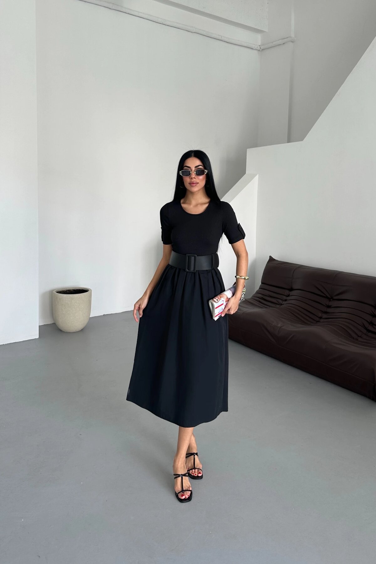 Midi Summer Ribbed Belted Dress - Black - Milamia