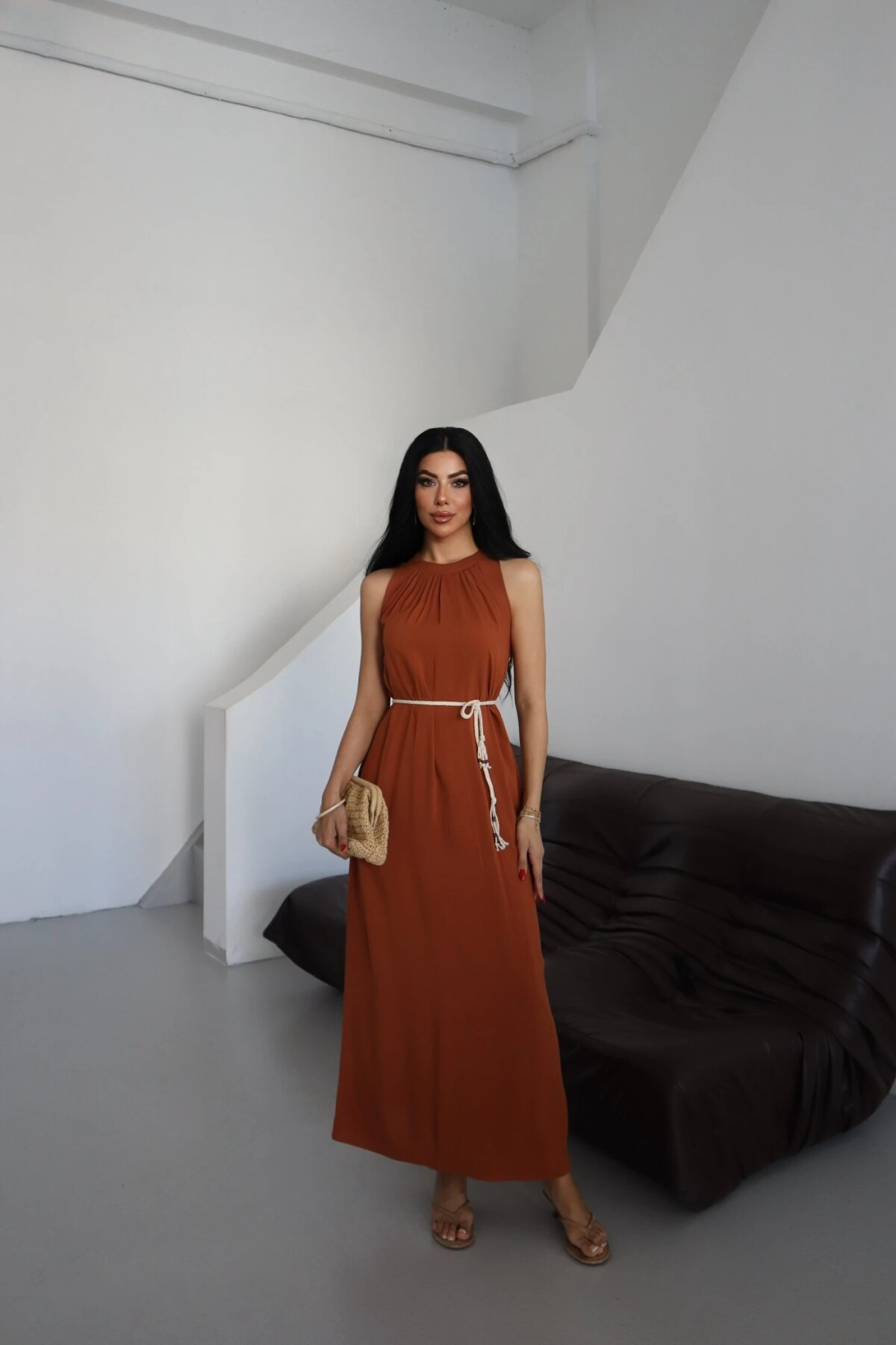 Long Lace-up Dress - Tobacco - Milamia