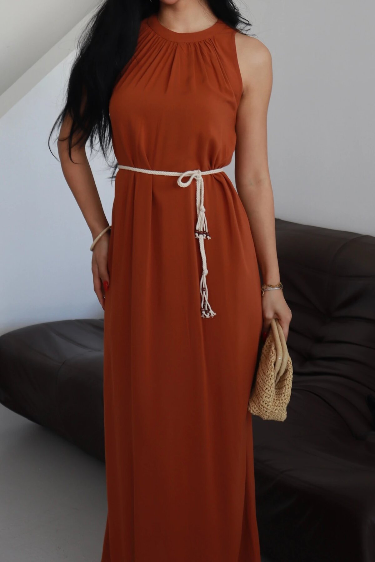 Long Lace-up Dress - Tobacco - Milamia