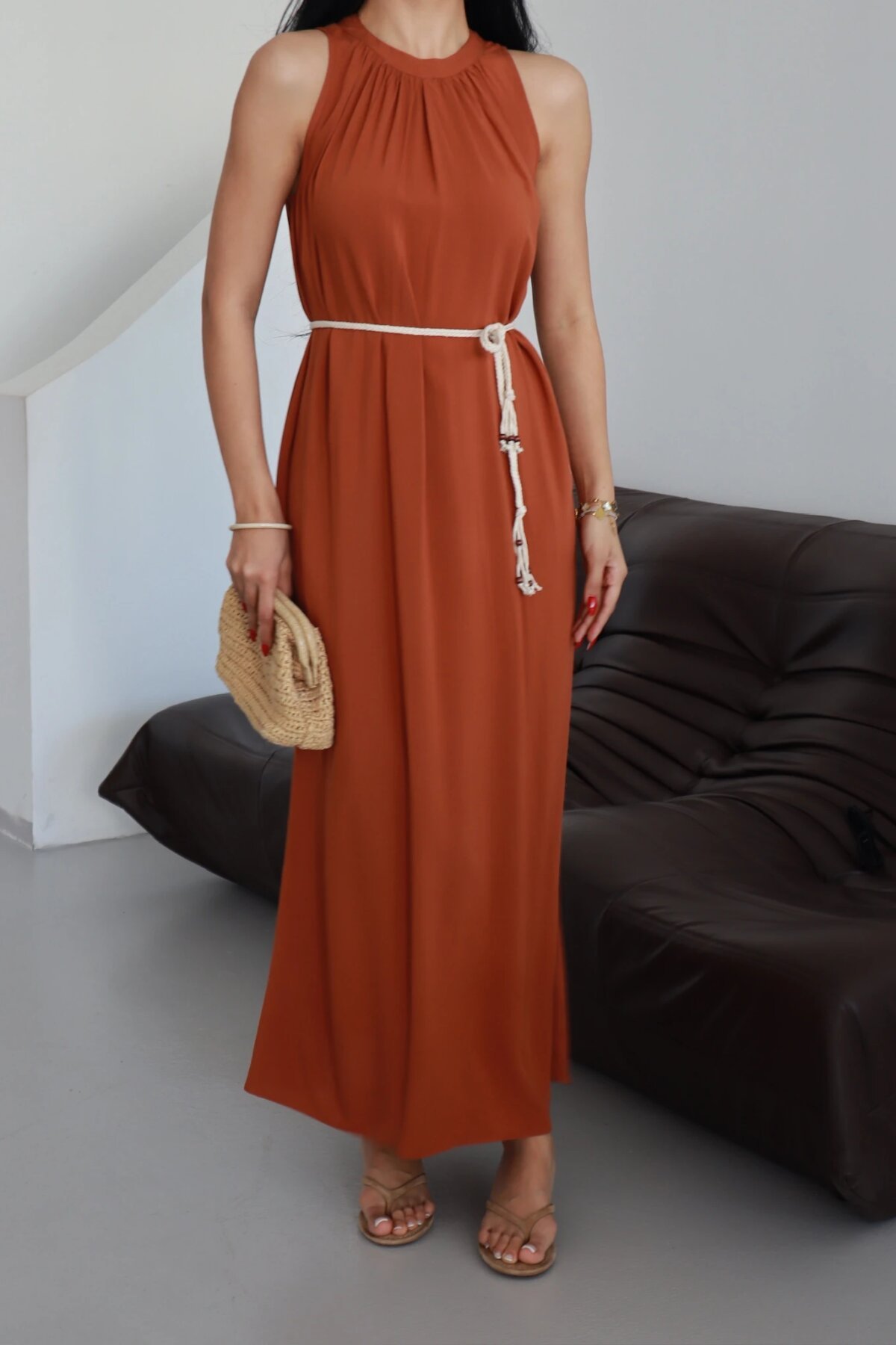 Long Lace-up Dress - Tobacco - Milamia