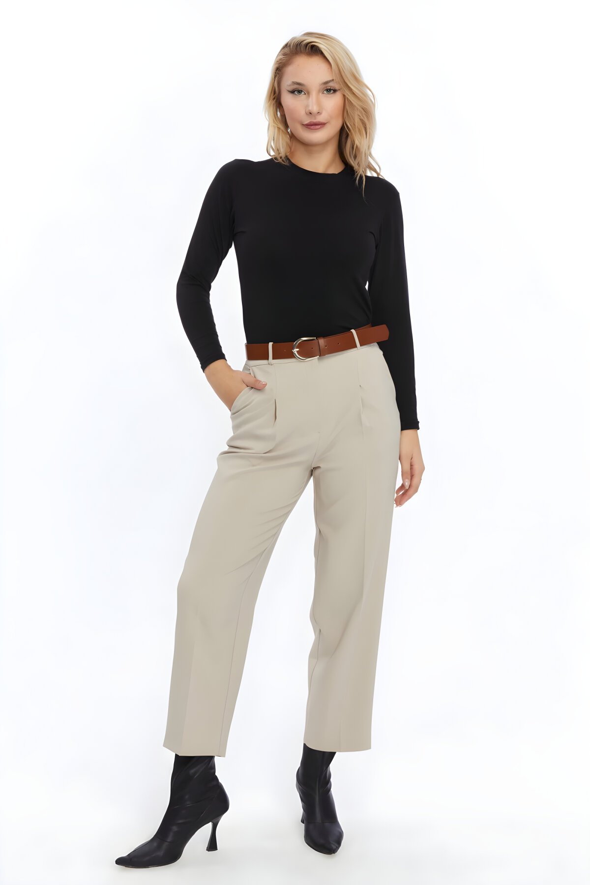 Ankle Length Belted Fabric Pants - Mink - Milamia