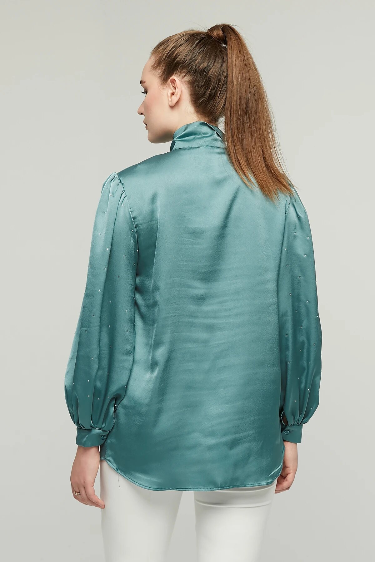 Balloon Sleeve Stone Detailed Satin Shirt - Emerald - Milamia