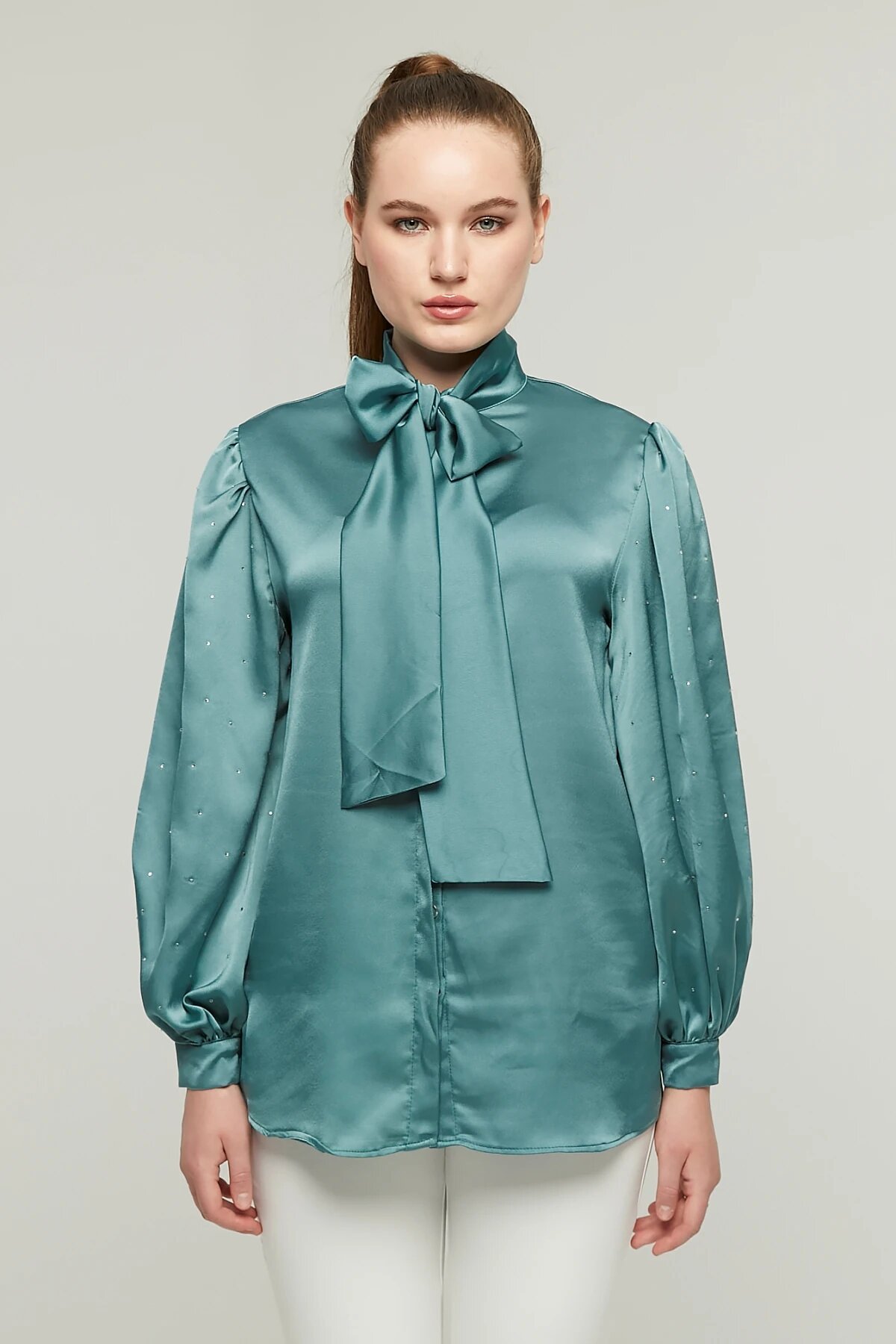 Balloon Sleeve Stone Detailed Satin Shirt - Emerald - Milamia