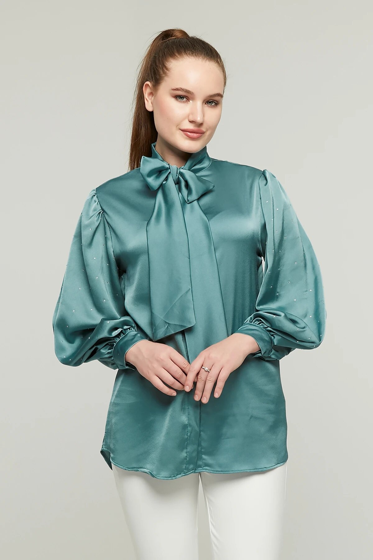 Balloon Sleeve Stone Detailed Satin Shirt - Emerald - Milamia