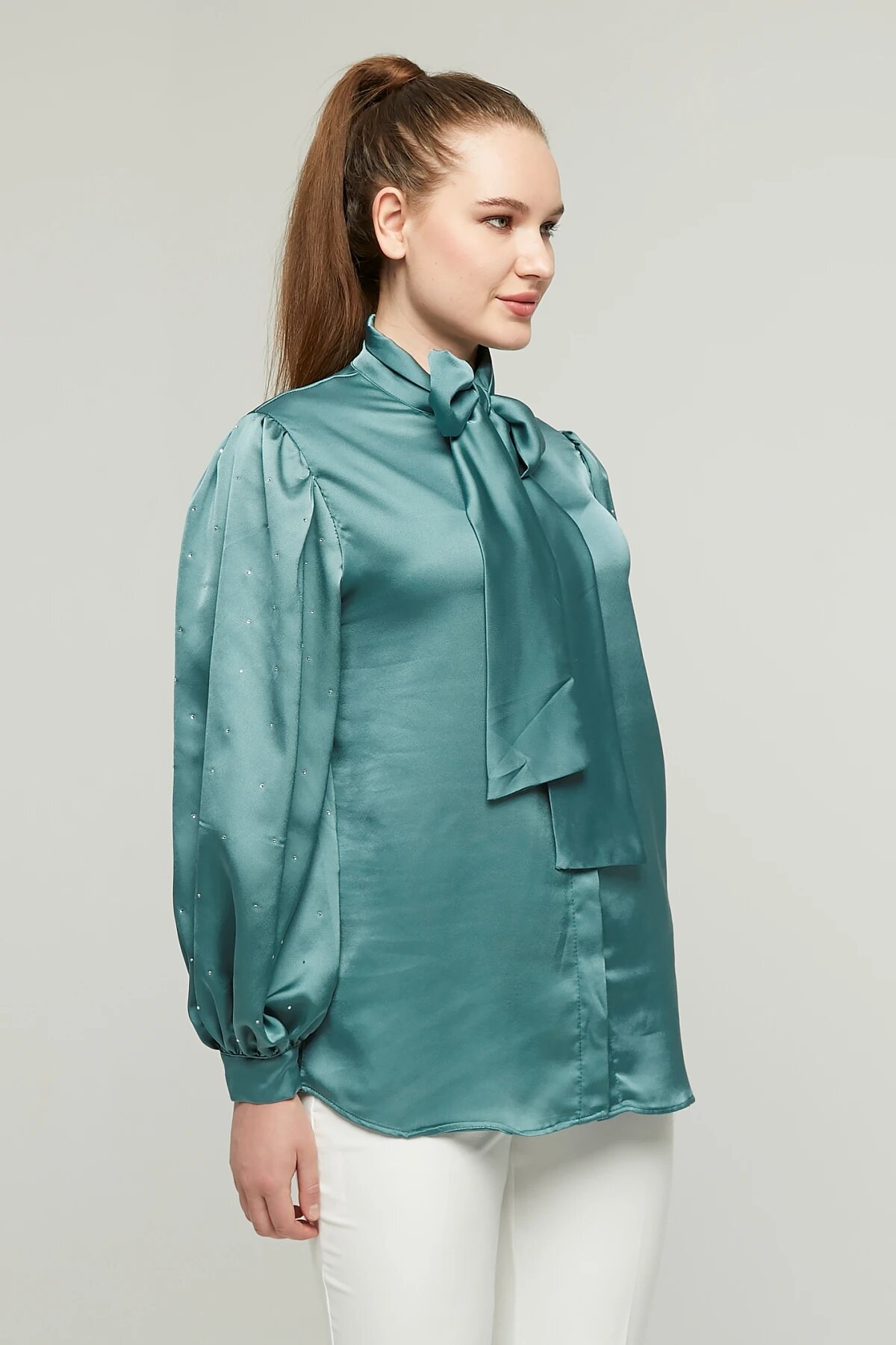 Balloon Sleeve Stone Detailed Satin Shirt - Emerald - Milamia