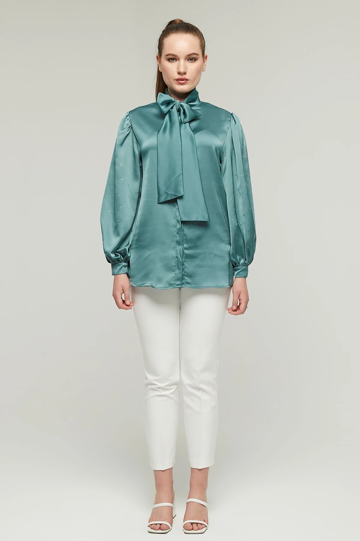 Balloon Sleeve Stone Detailed Satin Shirt - Emerald - Milamia