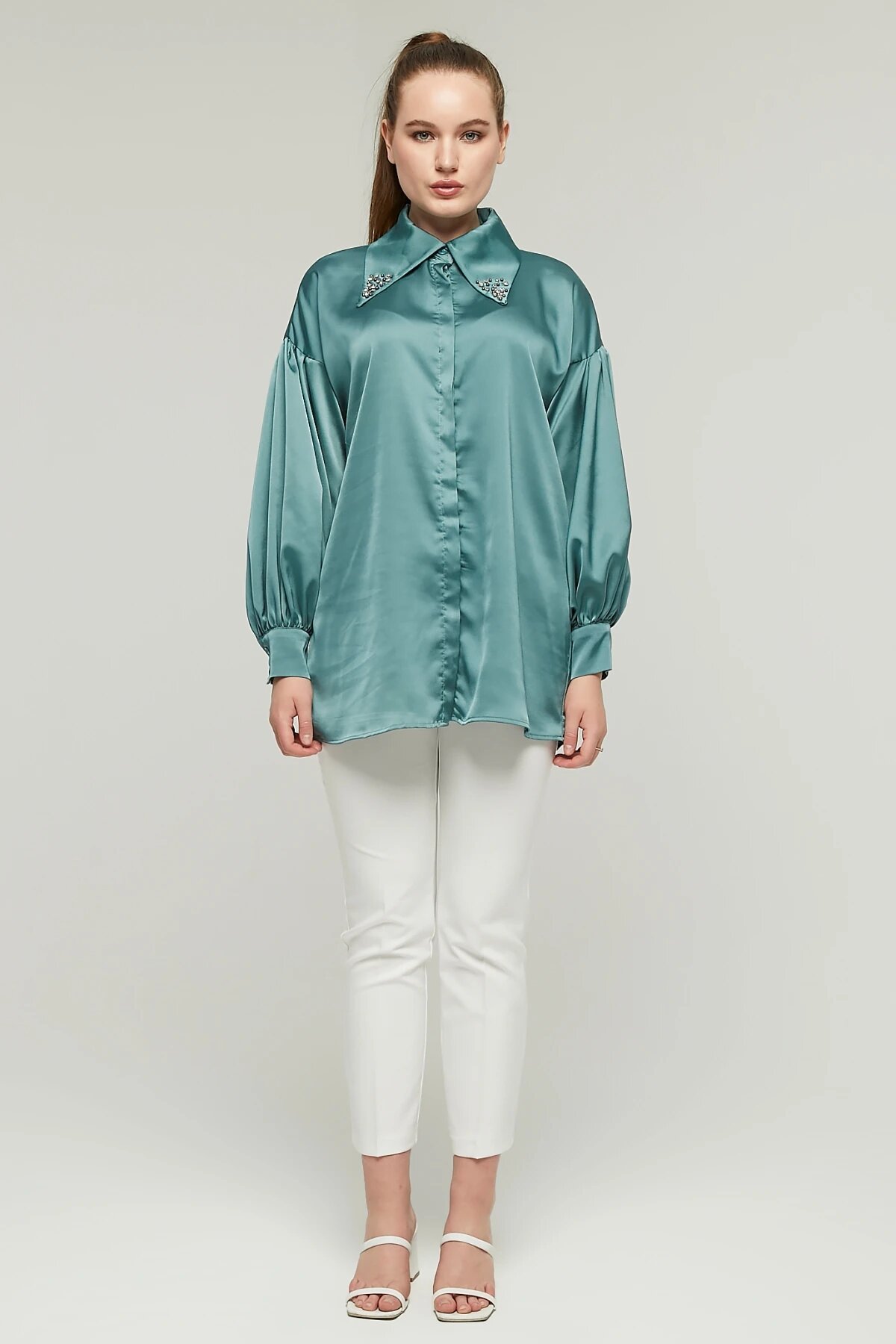 Satin Stone-Detailed Collar Shirt - Emerald - Milamia