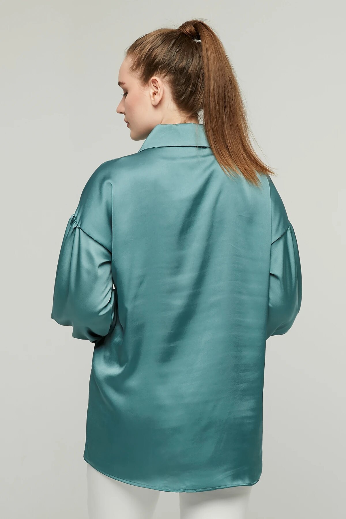 Satin Stone-Detailed Collar Shirt - Emerald - Milamia