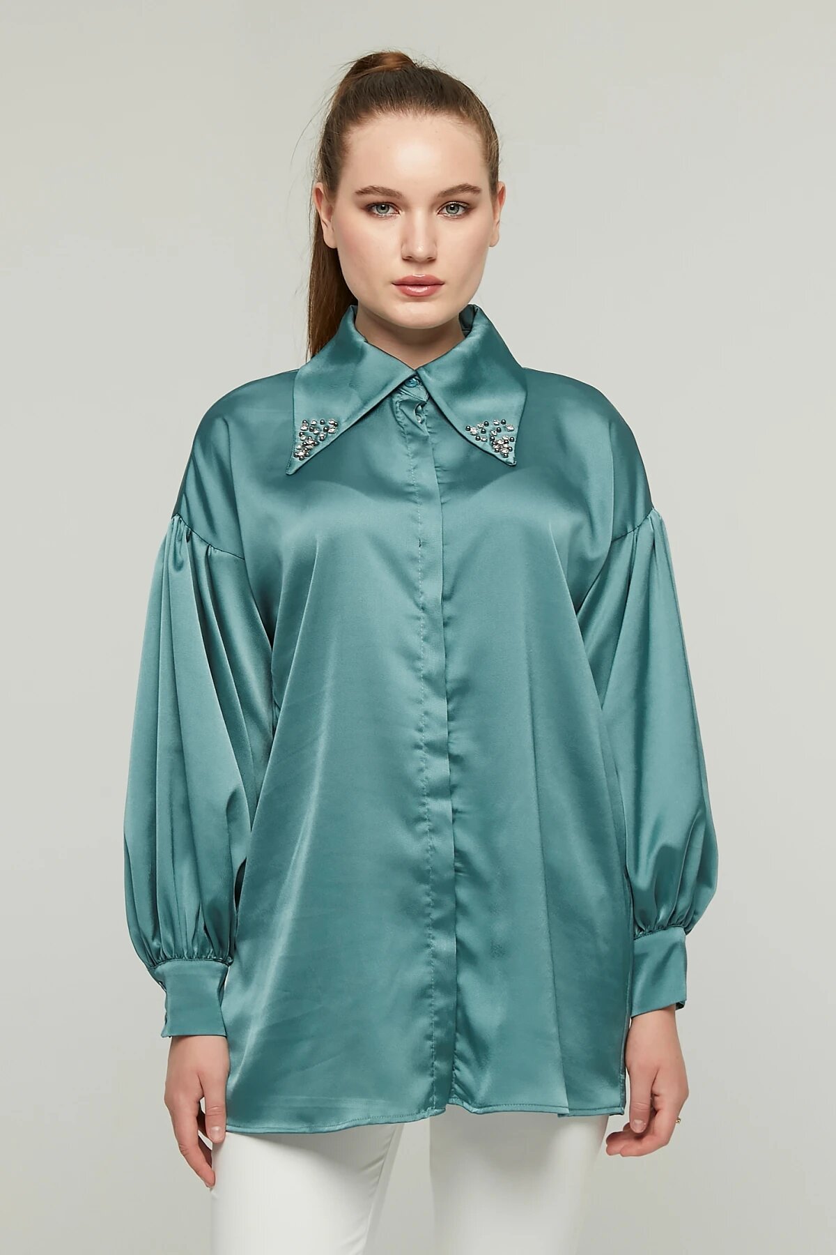 Satin Stone-Detailed Collar Shirt - Emerald - Milamia