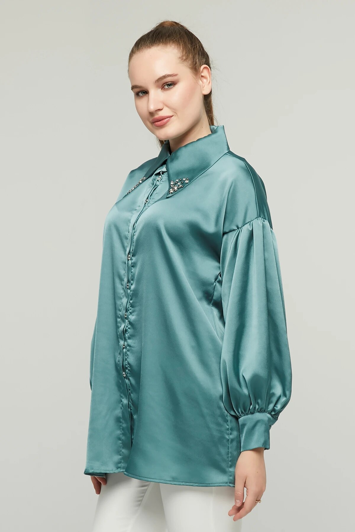 Satin Stone-Detailed Collar Shirt - Emerald - Milamia